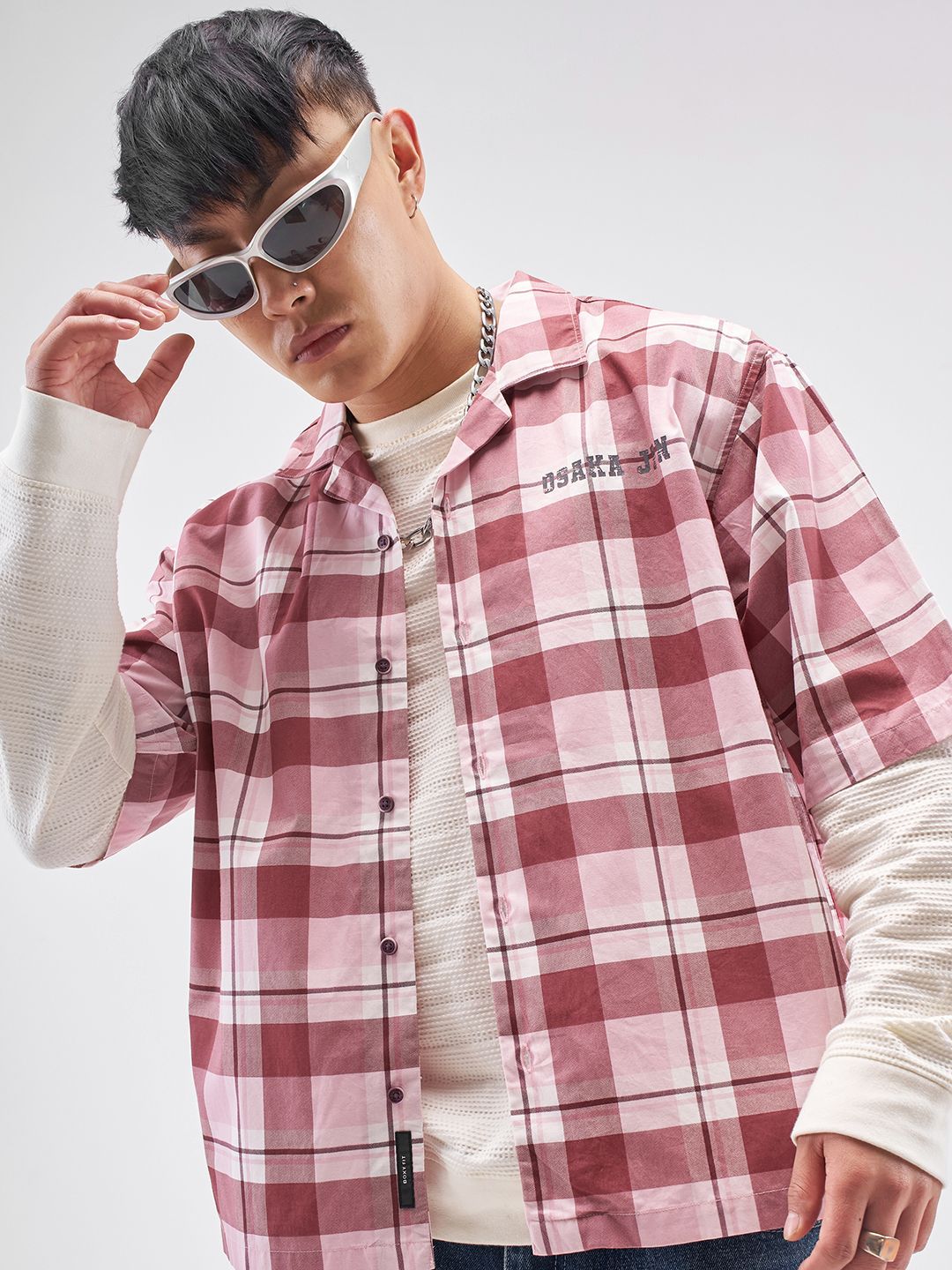 HIGHLANDER Men Relaxed Fit Checked Cuban Collar Cotton Casual Shirt