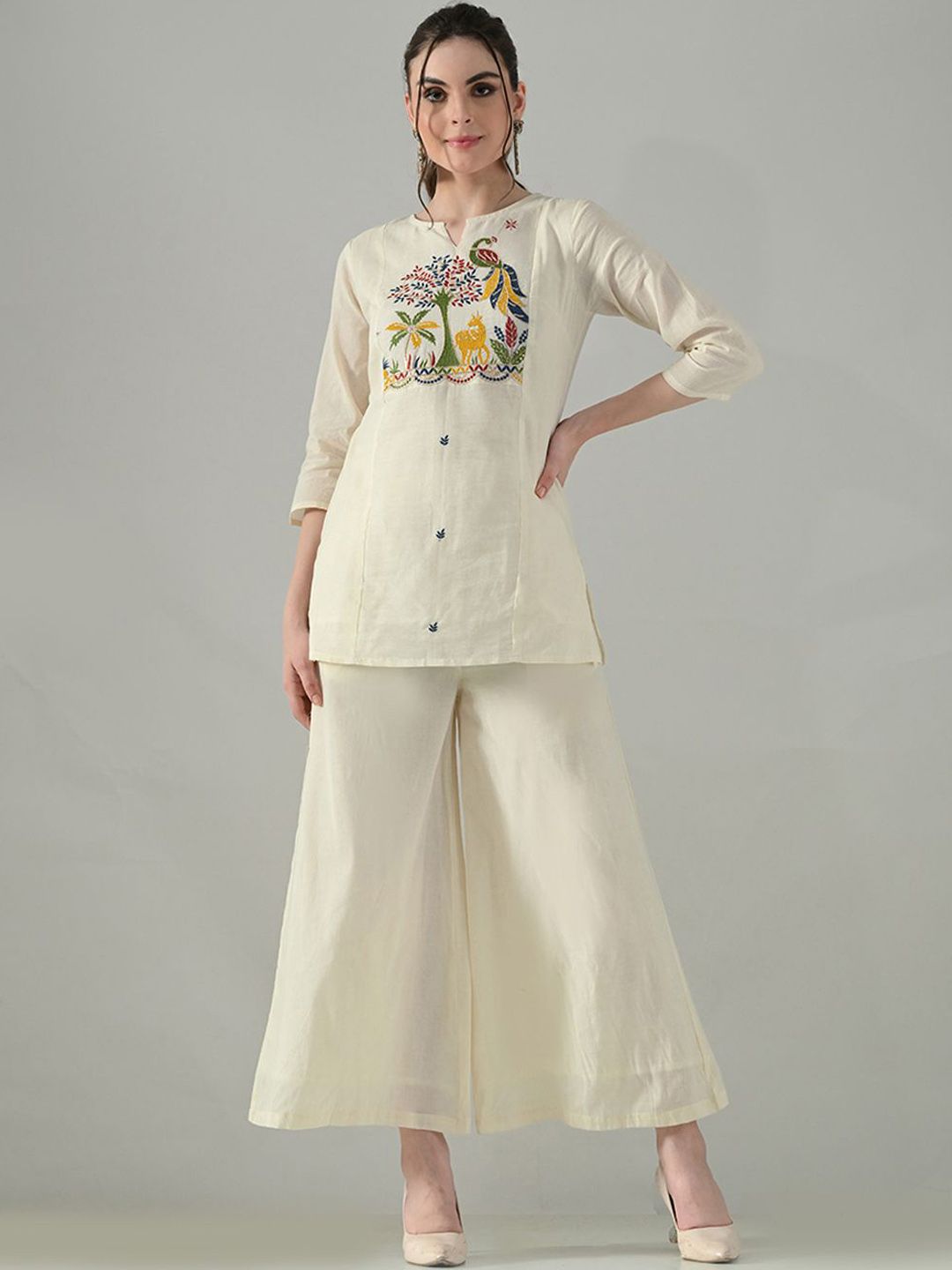 HERE&NOW Embroidered Pure Cotton Tunic & Trousers Co-Ord Set