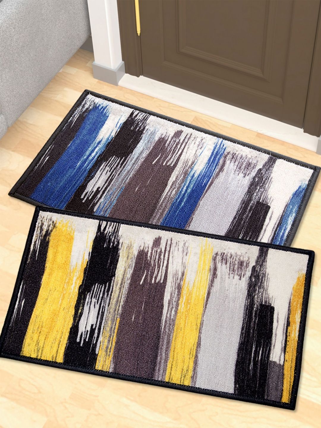 Athom Living Black & Grey 2 Pieces Printed Anti-Slip Doormats