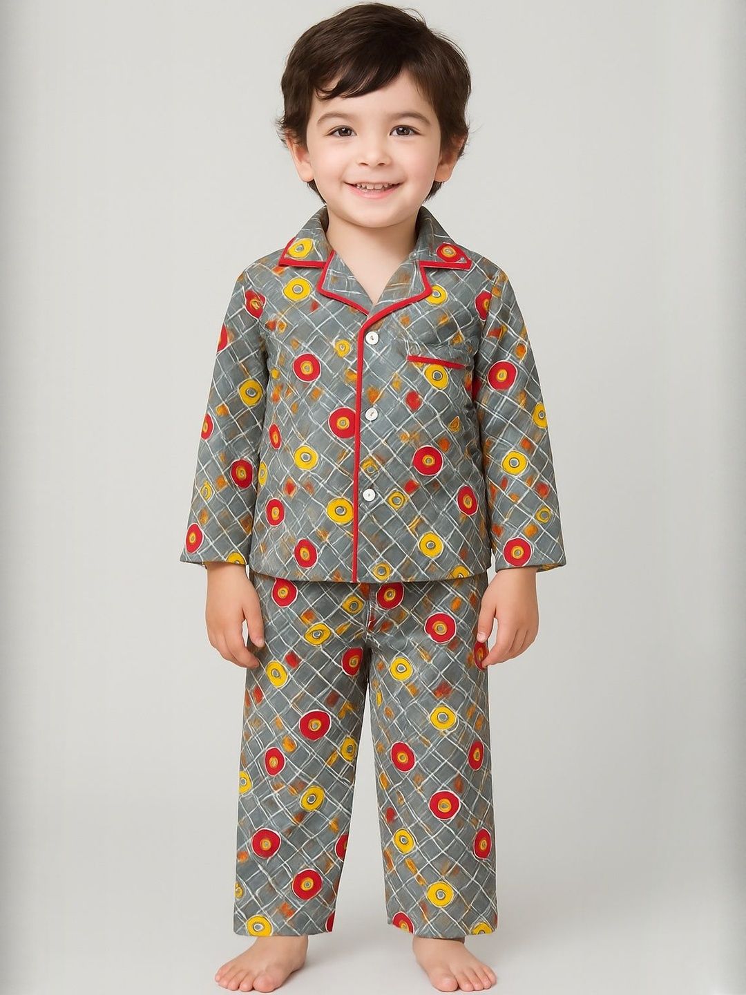 Thelittlebunny Kids Green & Red Checked Cotton Shirt & Pyjamas Night Suit