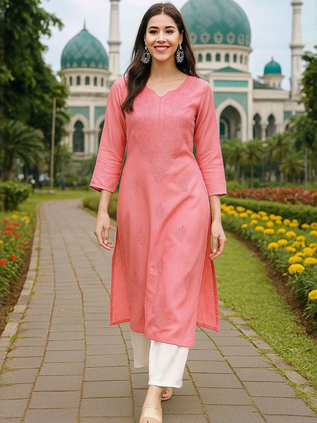 HERE&NOW Women Pink Embroidered Straight Kurtas