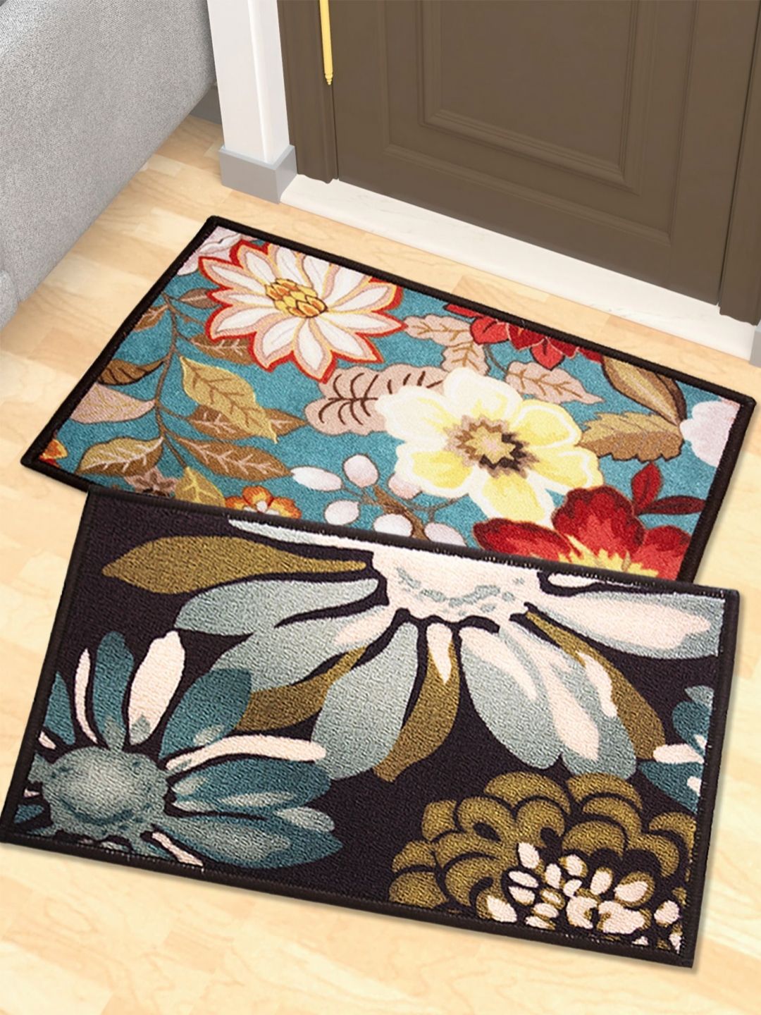 Athom Living Black & Blue 2 Pieces Printed Anti-Slip Doormats