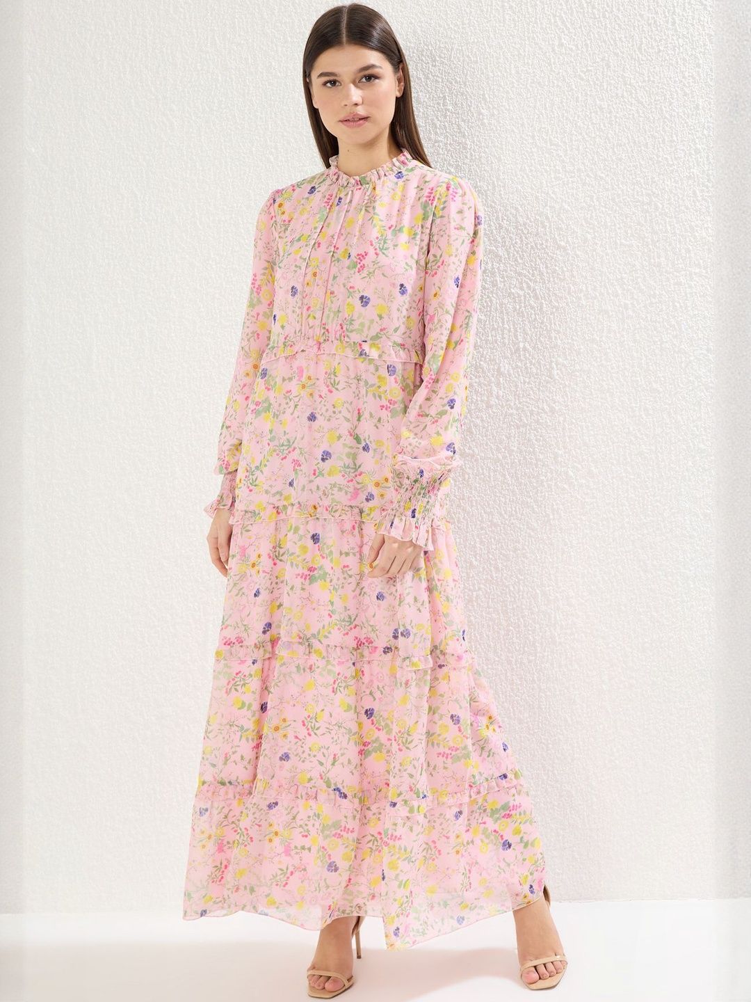 Trendyol Women Floral Printed Round Neck Puff Sleeves Maxi Dress