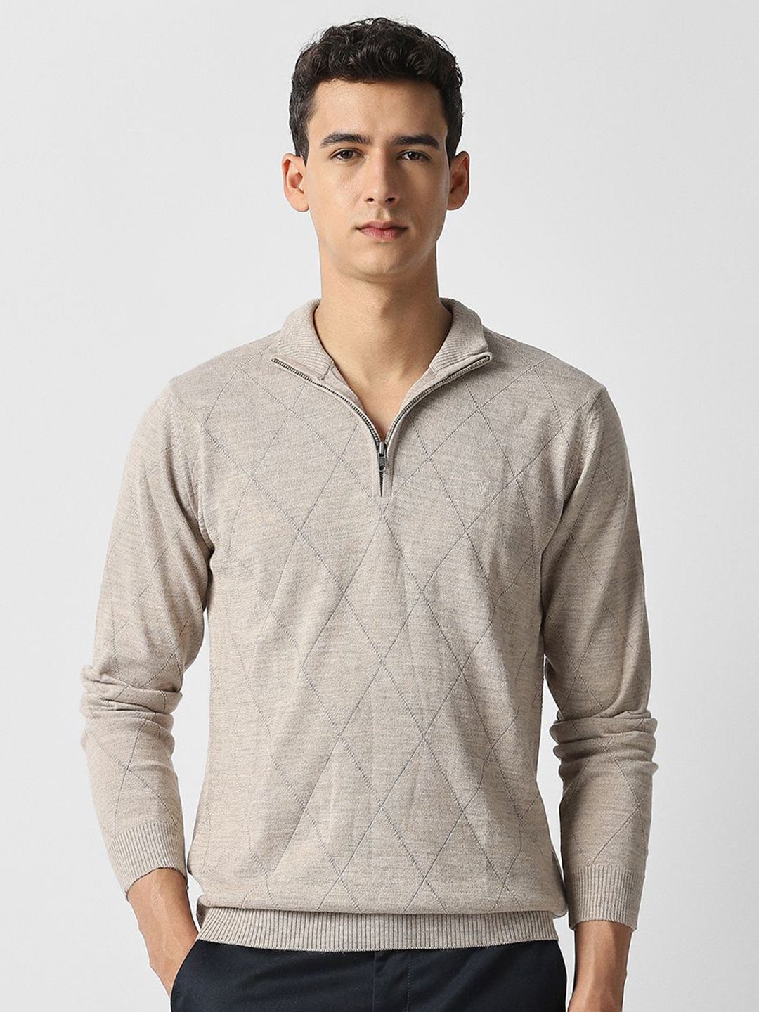 Van Heusen Men Checked Self Design Mock Collar Pullover Sweater