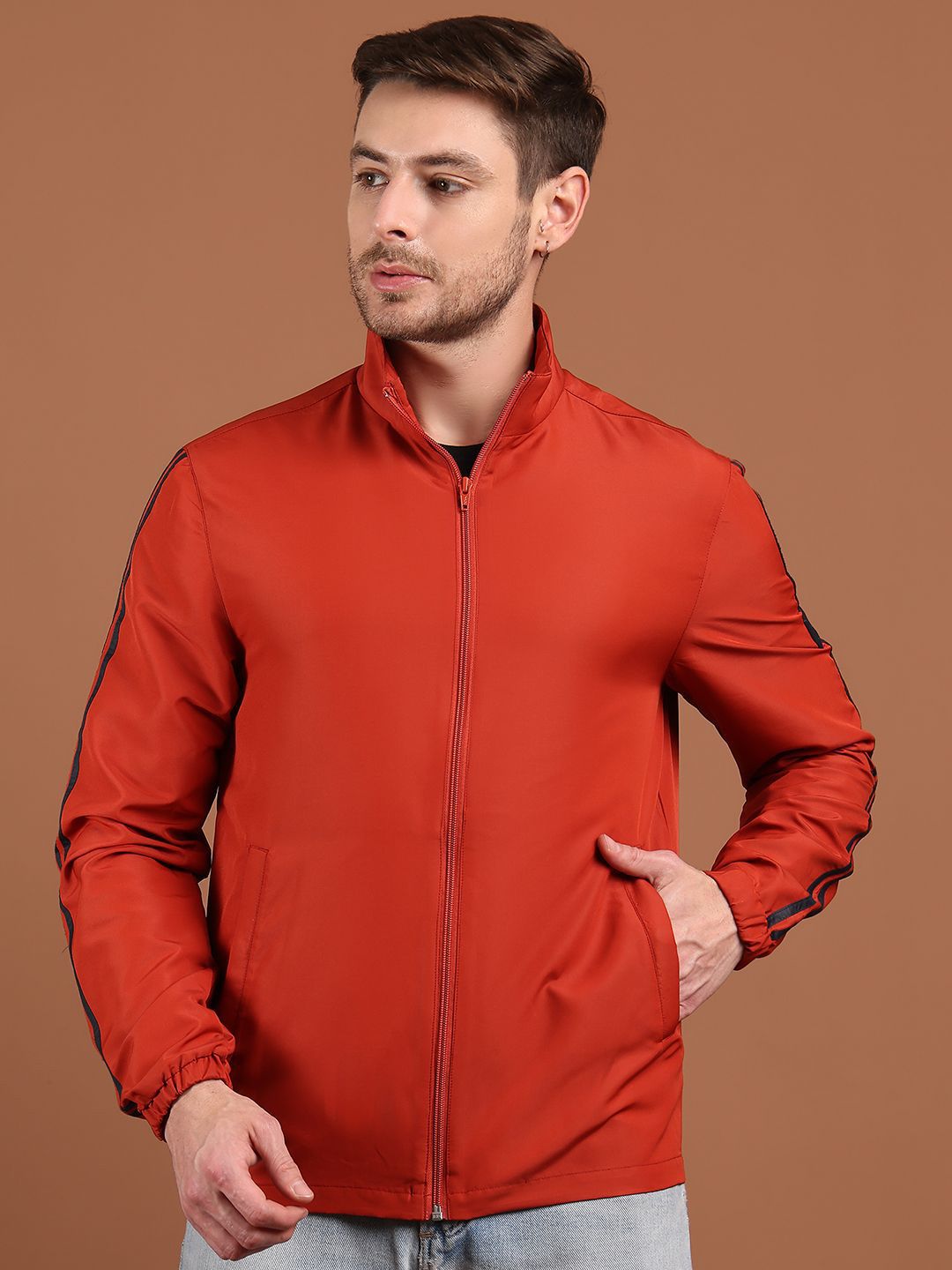 HOUSE OF VEDAS Men Stand Collar Solid Windcheater Sporty Jacket