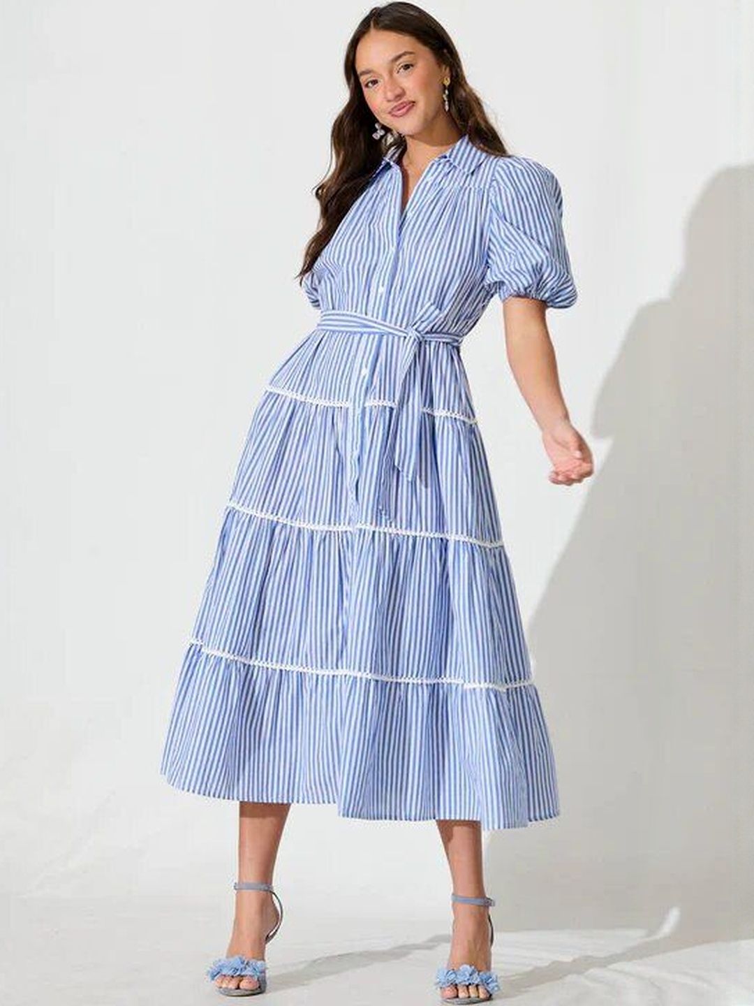 Burgstudio9 Stylish Designer Women Blue Cotton Striped Shirt Dress