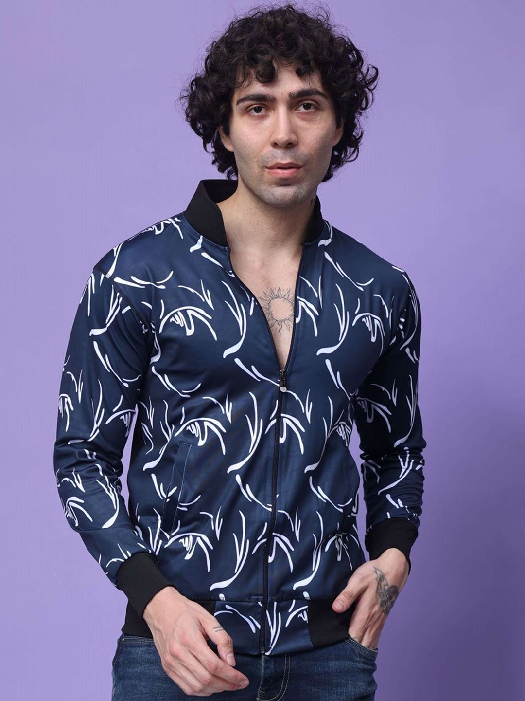 YELLOW TREE Men Stand Collar Abstract Printed Lightweight Bomber Jacket