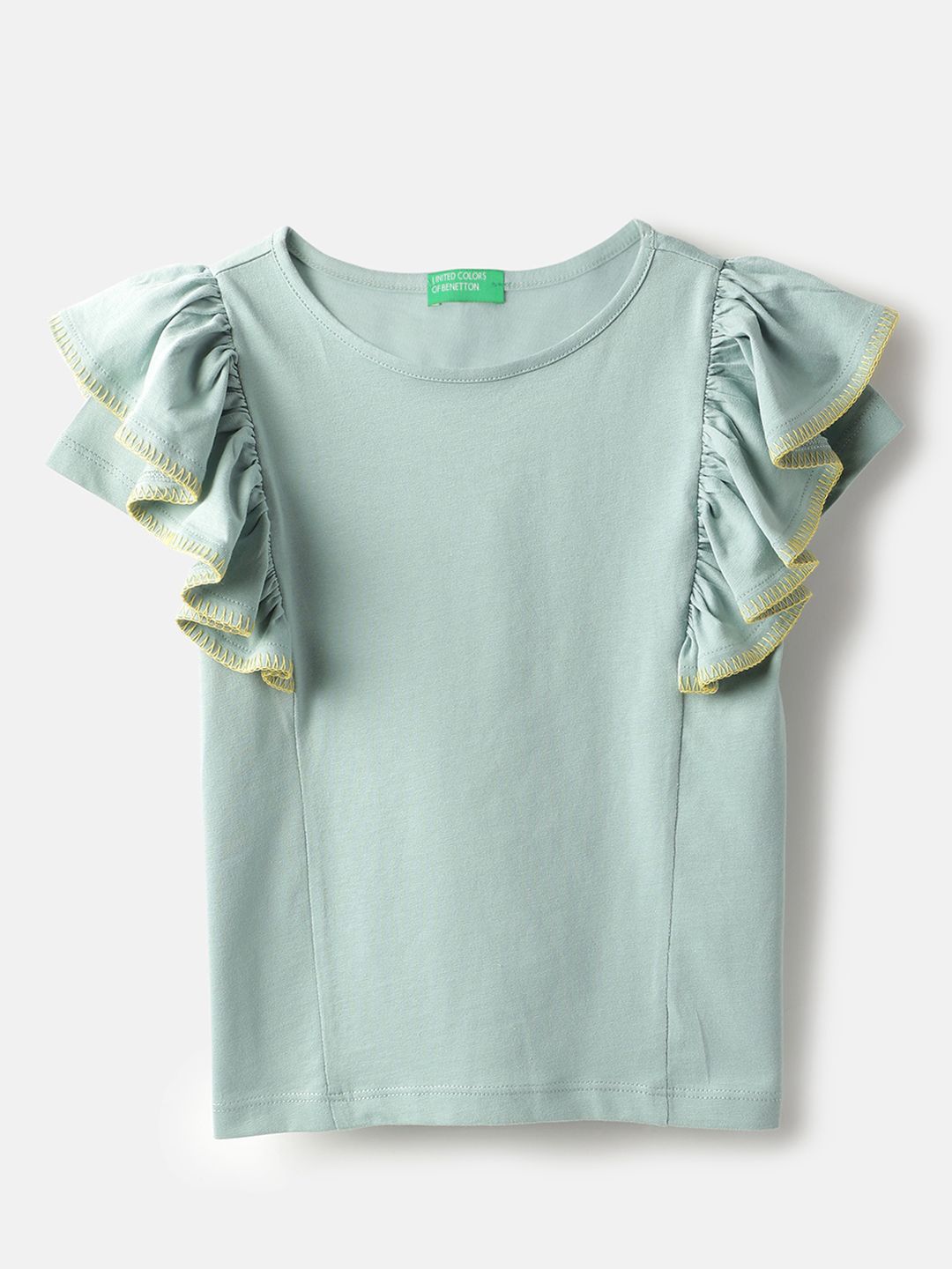 United Colors of Benetton Girls Round Neck Flutter Sleeves T-shirt