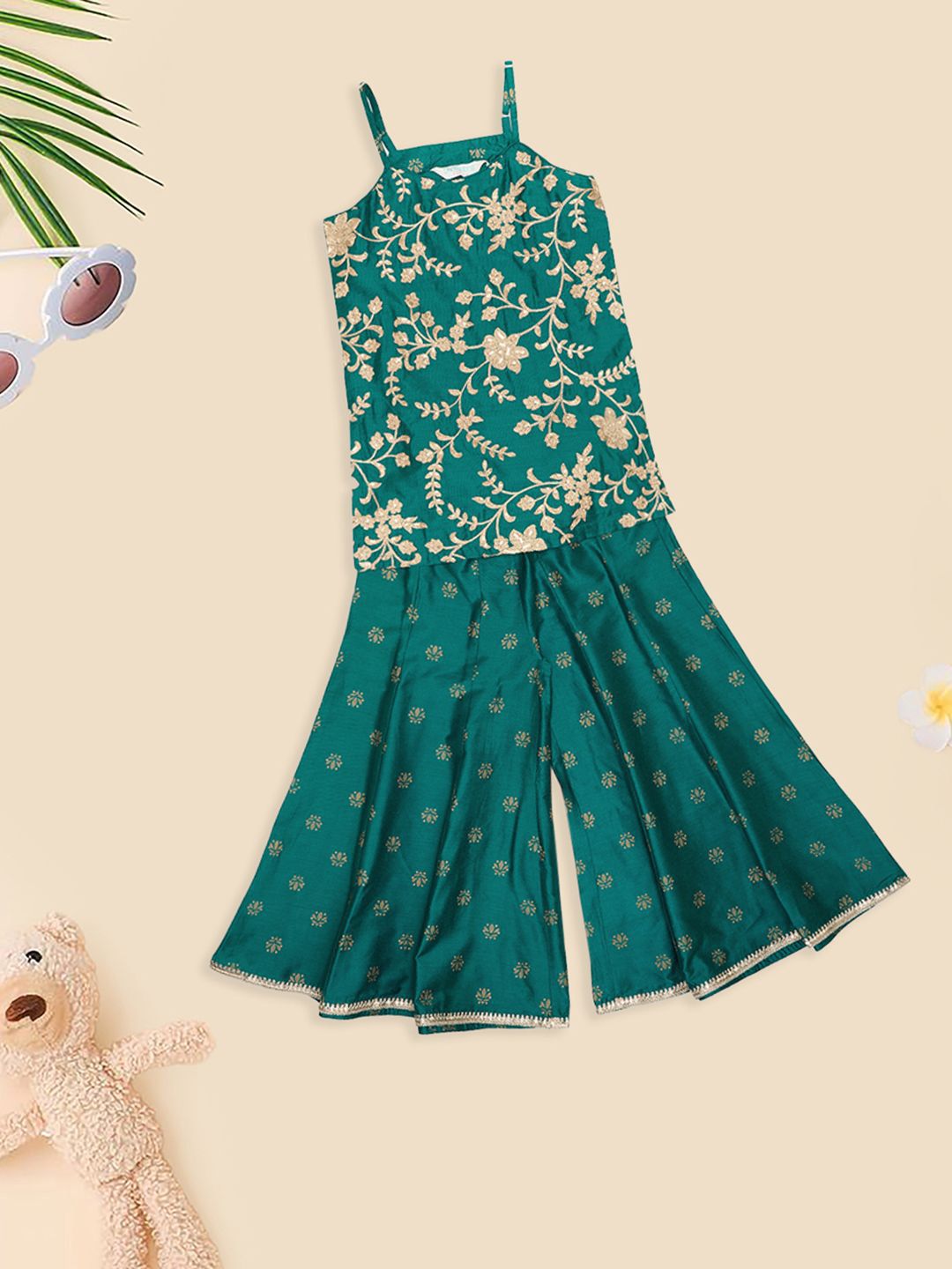 AKKRITI BY PANTALOONS Girls Ethnic Motifs Embroidered Shoulder Straps Top With Palazzos