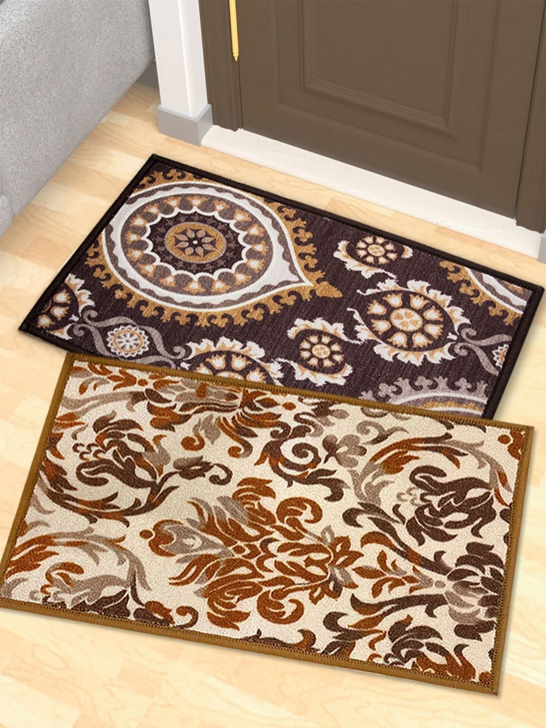 Athom Living Brown & Beige 2 Pieces Printed Anti-Slip Doormats