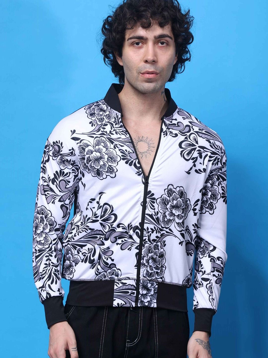 YELLOW TREE Men Stand Collar Floral Printed Lightweight Bomber Jacket