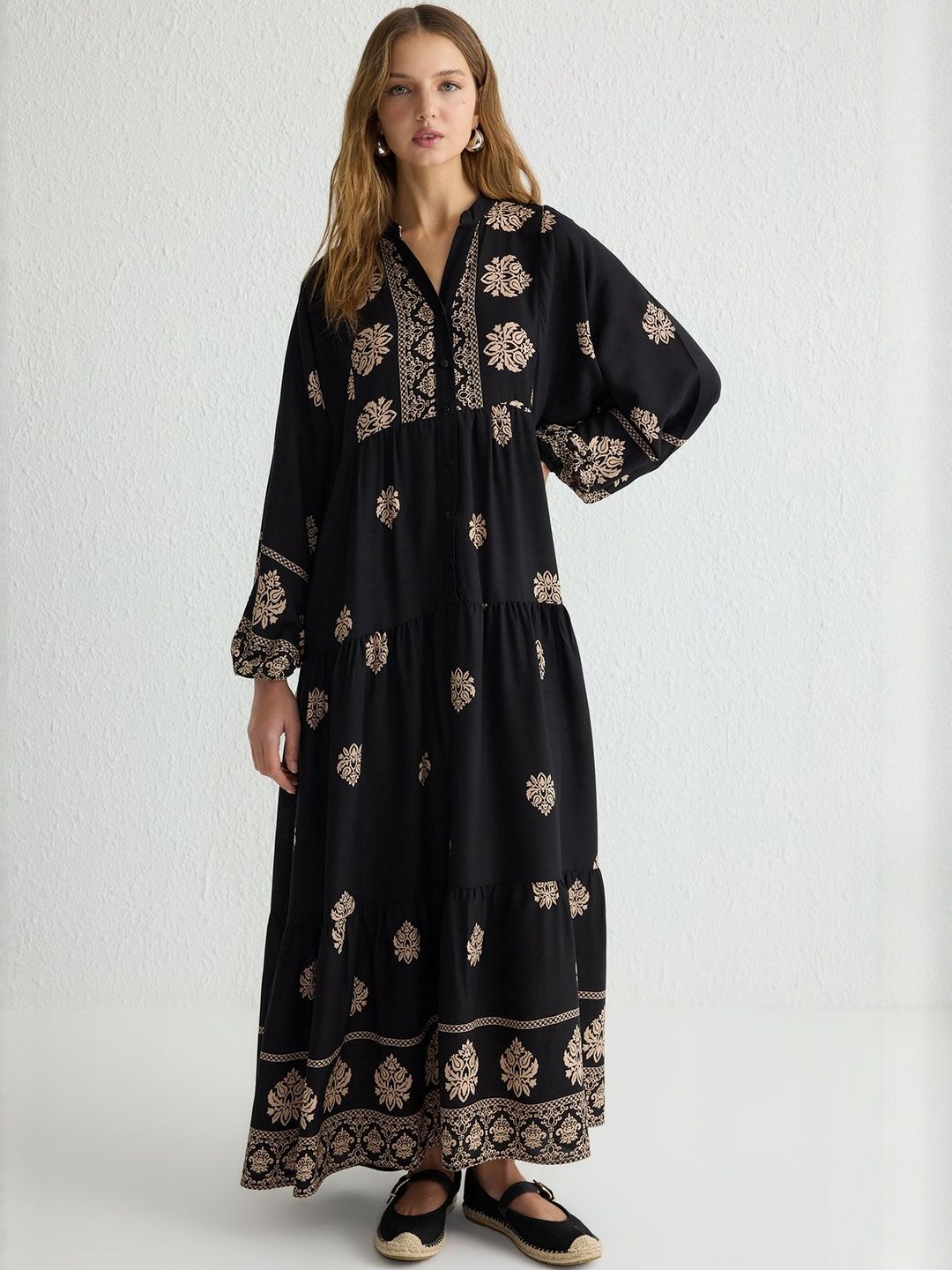 Trendyol Ethnic Motifs Printed Tiered Maxi Dress