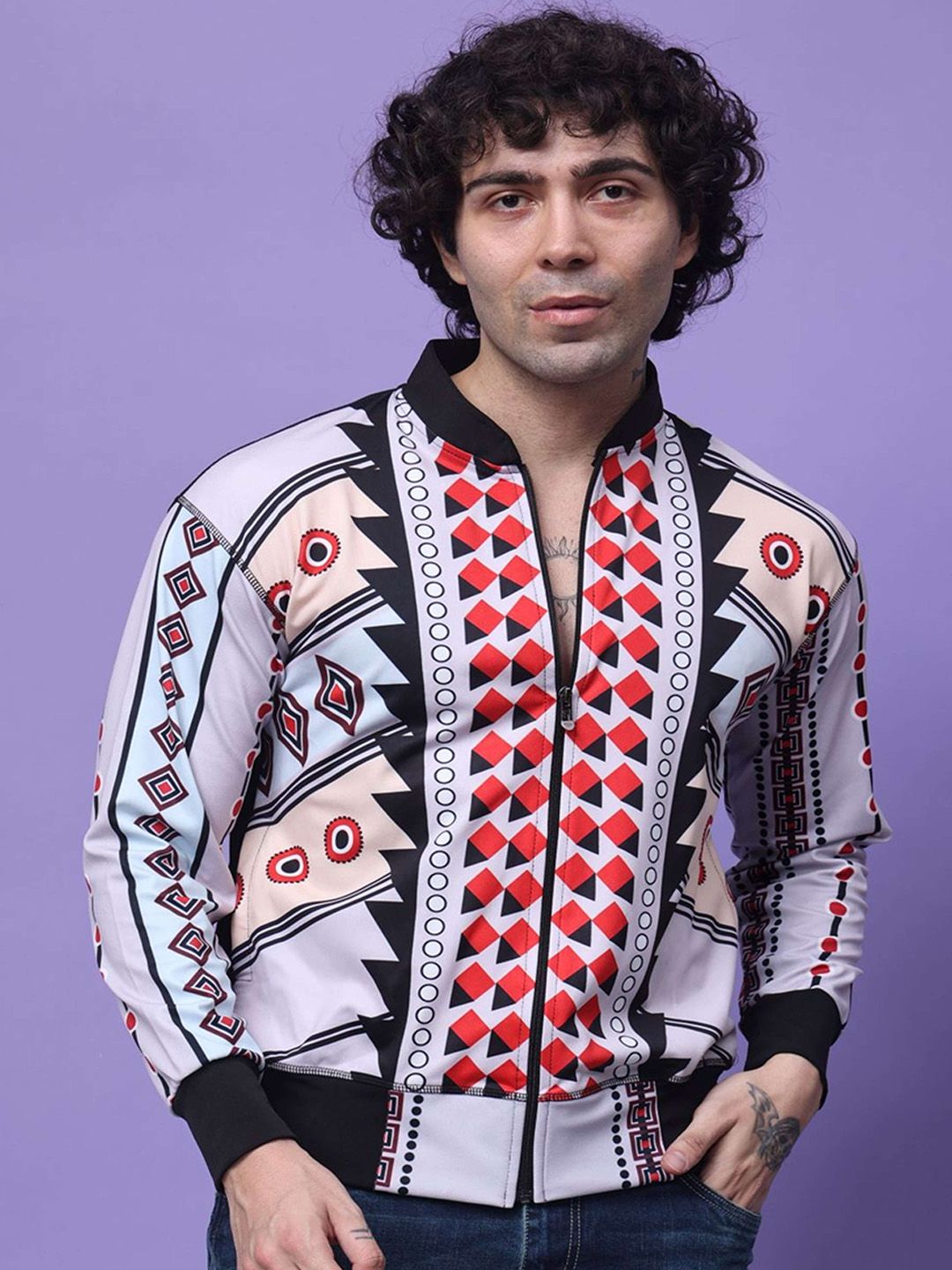 YELLOW TREE Men Stand Collar Geometric Printed Lightweight Bomber Jacket