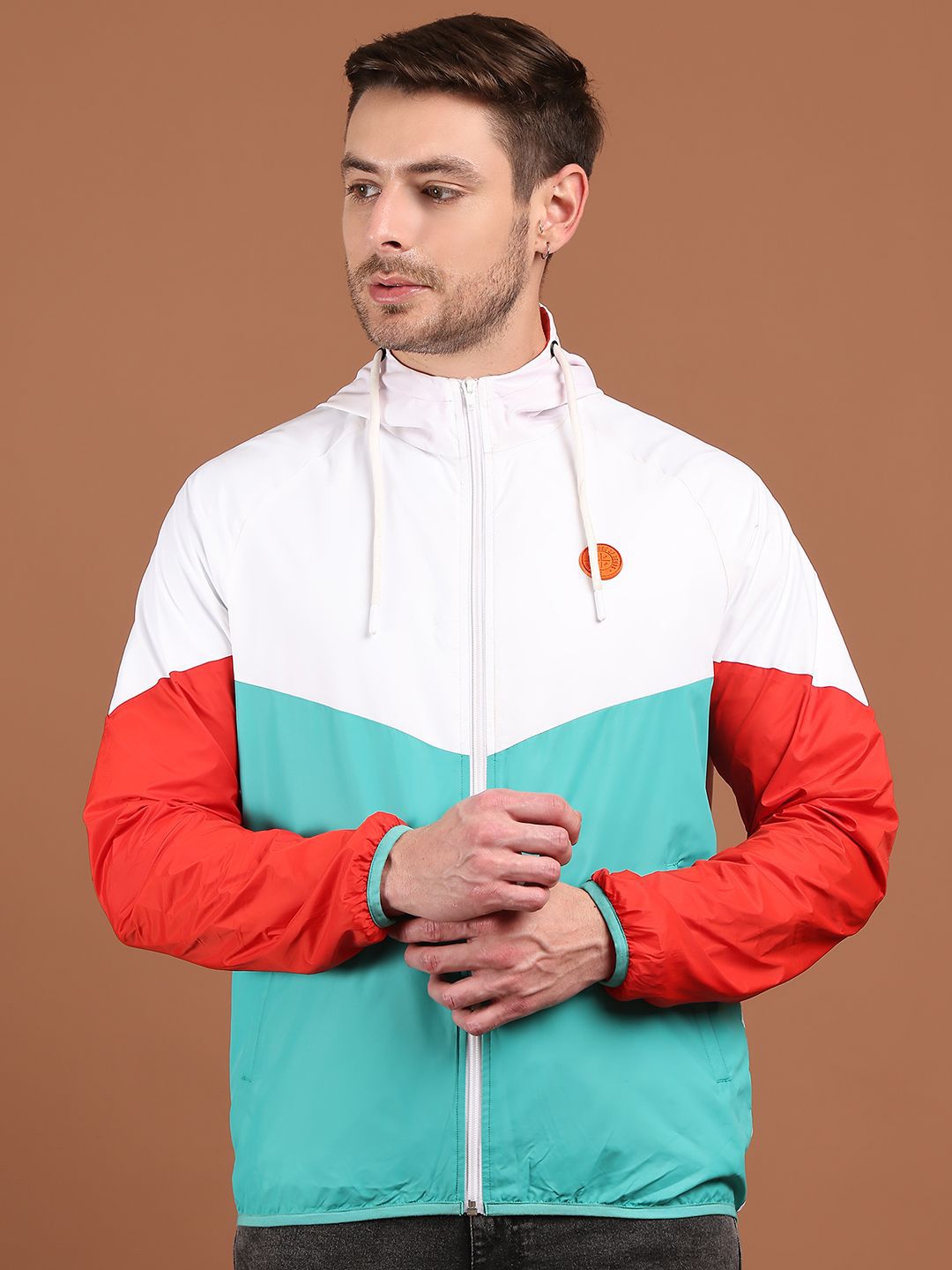 HOUSE OF VEDAS Men Hooded Colourblocked Windcheater Sporty Jacket