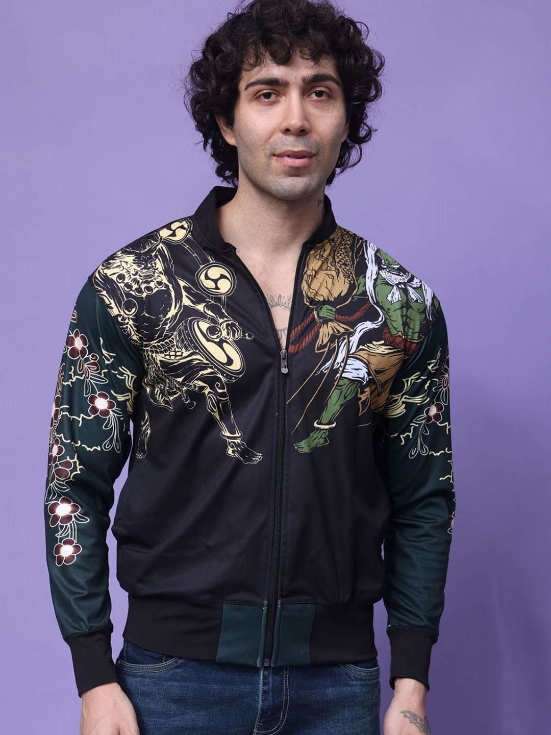 YELLOW TREE Men Stand Collar Graphic Printed Lightweight Bomber Jacket