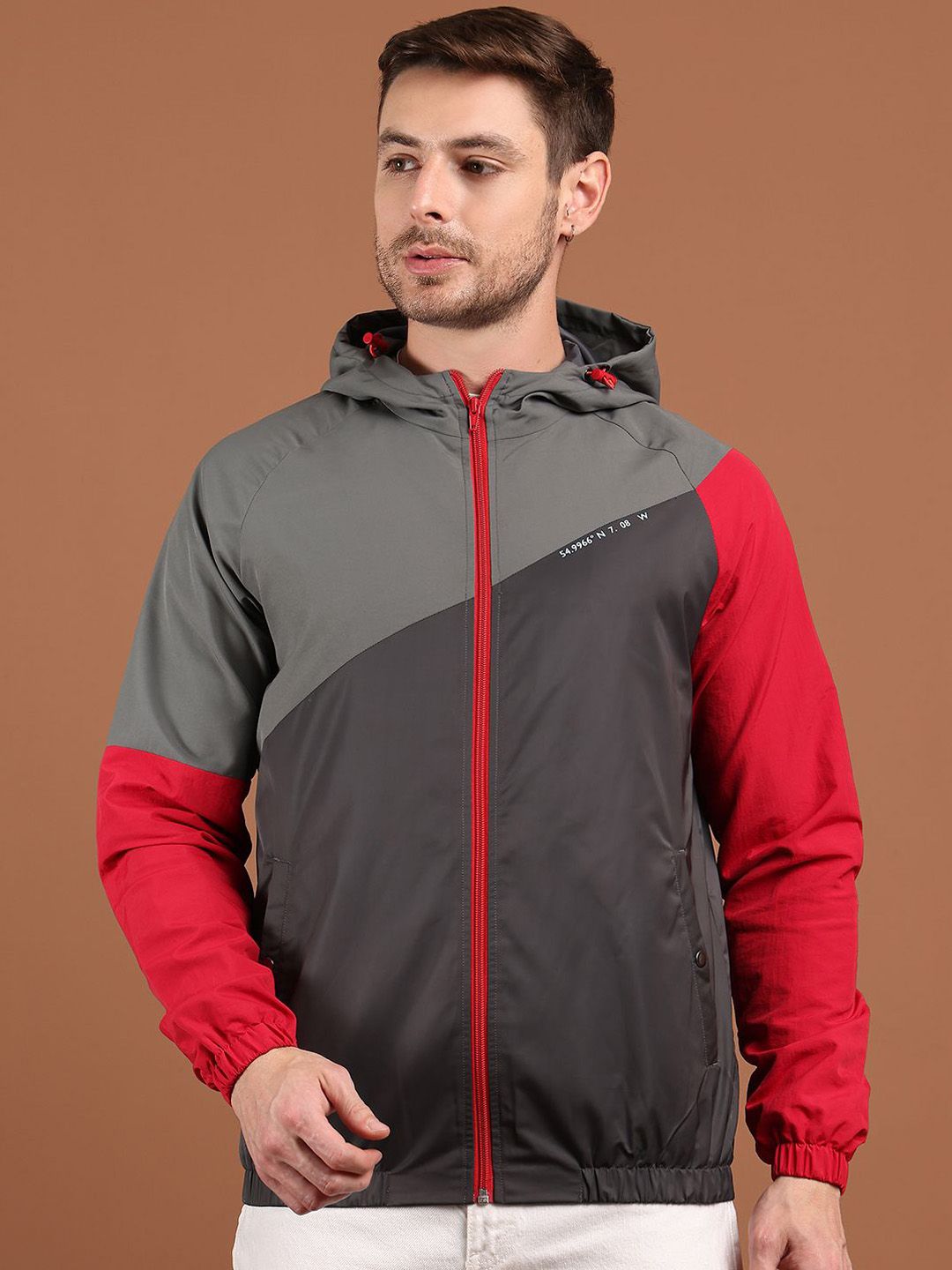 HOUSE OF VEDAS Men Hooded Colourblocked Windcheater Bomber Jacket