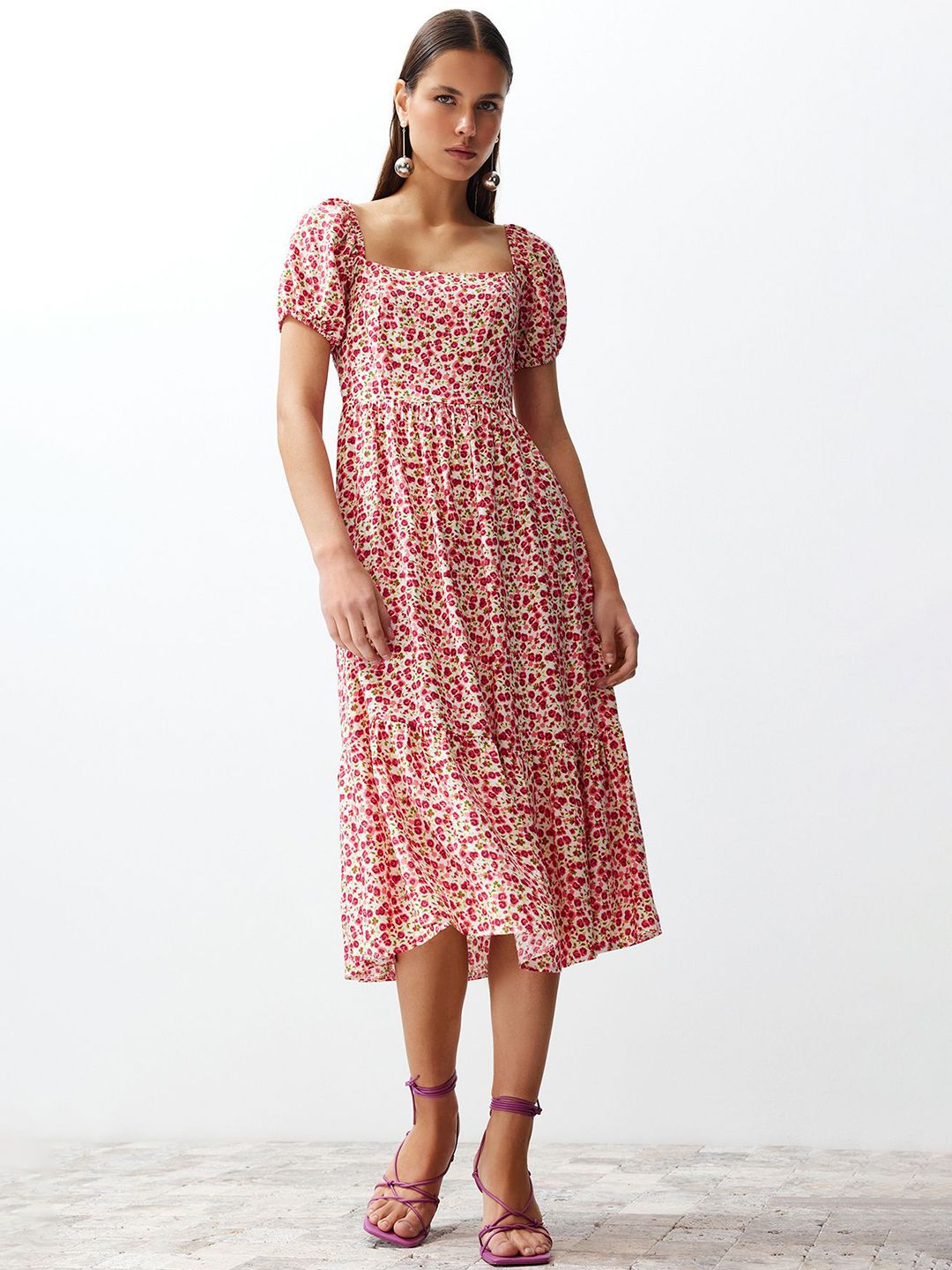 Trendyol Women Floral Printed Puff Sleeve A-Line Midi Dress