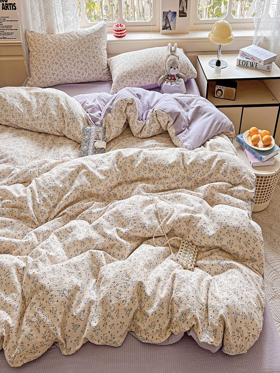 JC HOME Purple & White Floral Printed AC Room Double King Bedding Set