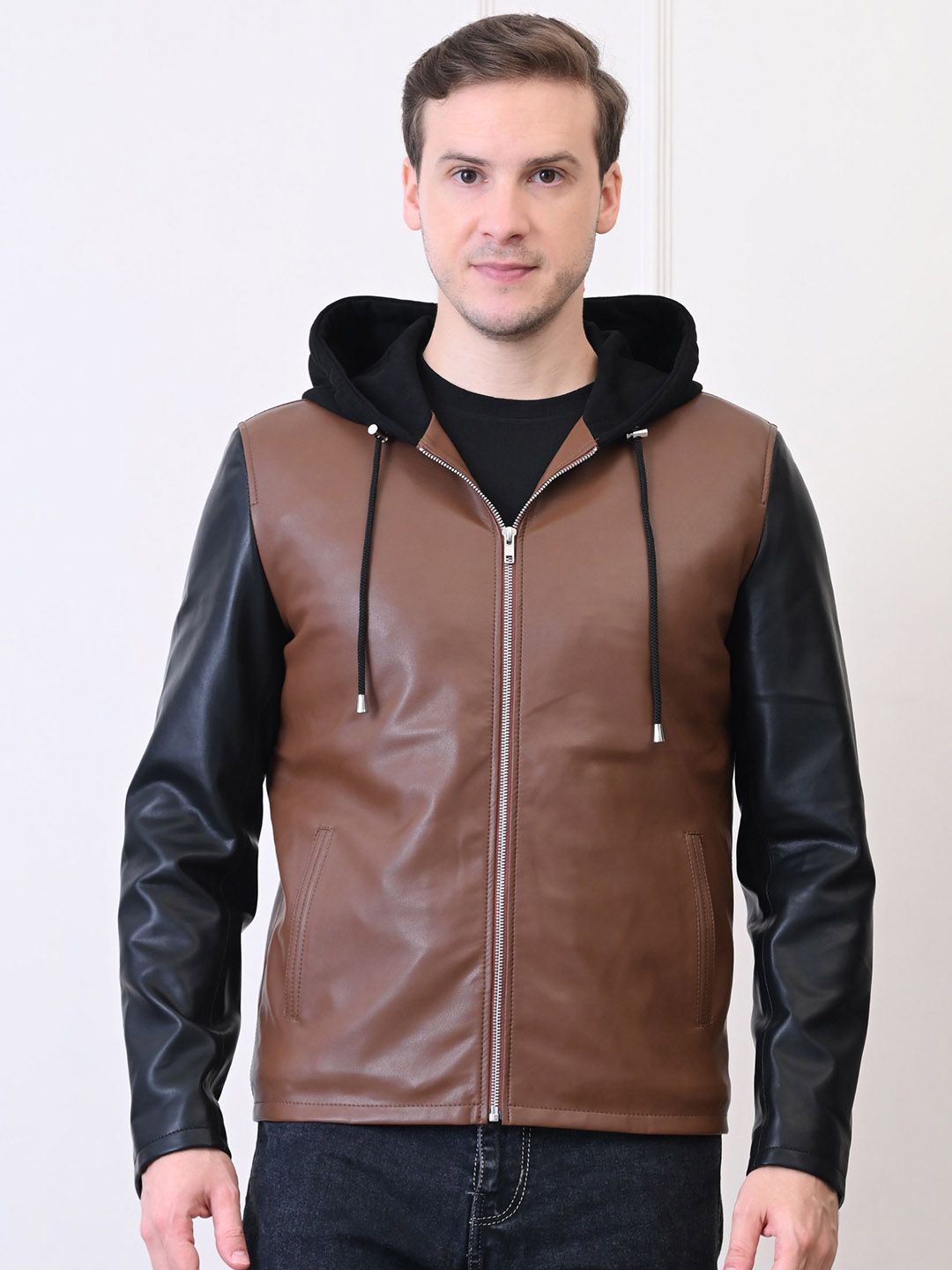 TBOJ Men Hooded Solid Water Resistant Leather Jacket