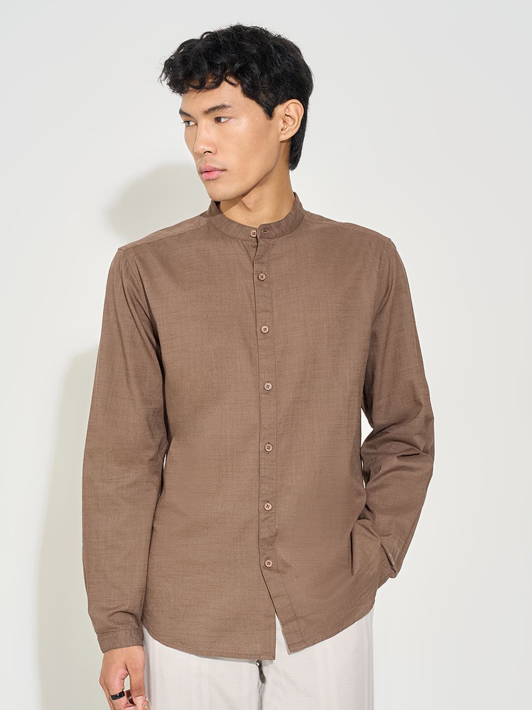 7 Alt by Pantaloons Men Solid Mandarin Collar Cotton Casual Shirt