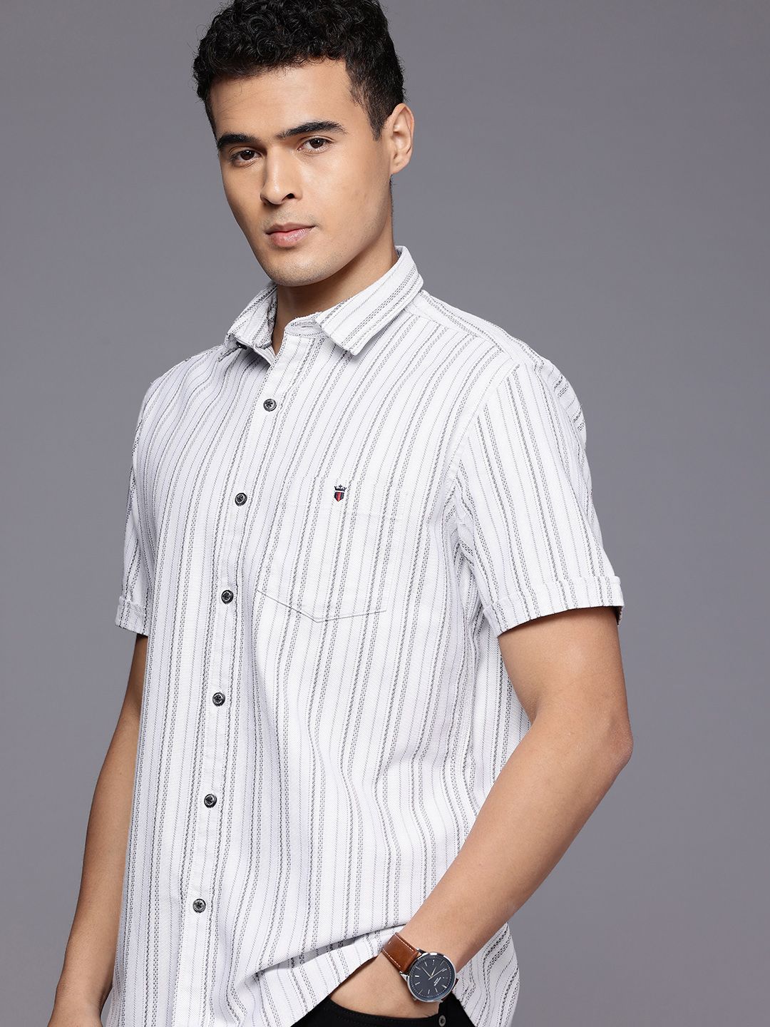 Louis Philippe Jeans Louis Philippe Jeans Pure Cotton Self Design Striped Slim Fit Casual Shirt