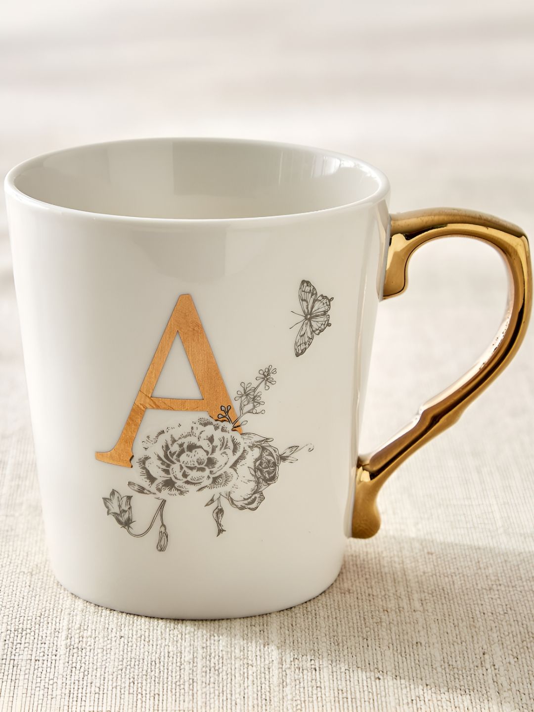 Home Centre Alphaa White & Gold-Toned A Printed Glossy Mug 350ml