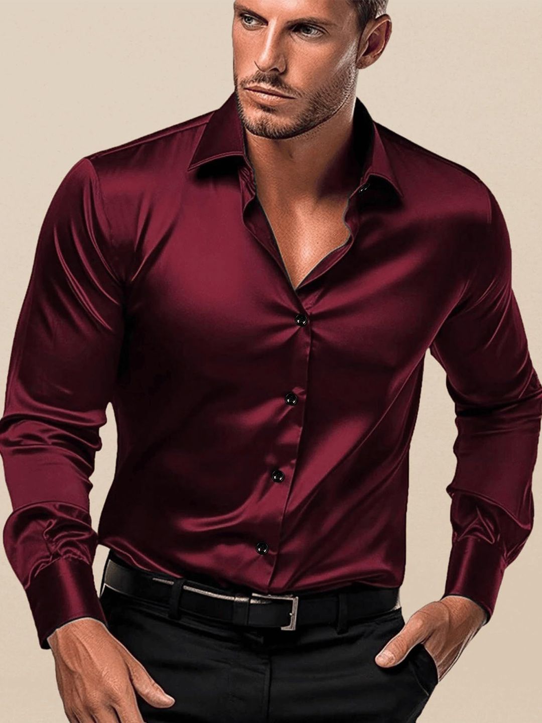 INDOPRIMO Spread Collar Long Sleeves Satin Casual Shirt