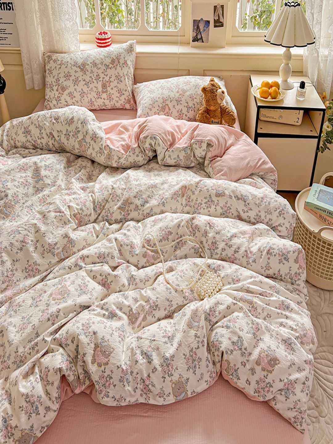 JC HOME Pink & Blue Floral Printed AC Room Double King Bedding Set