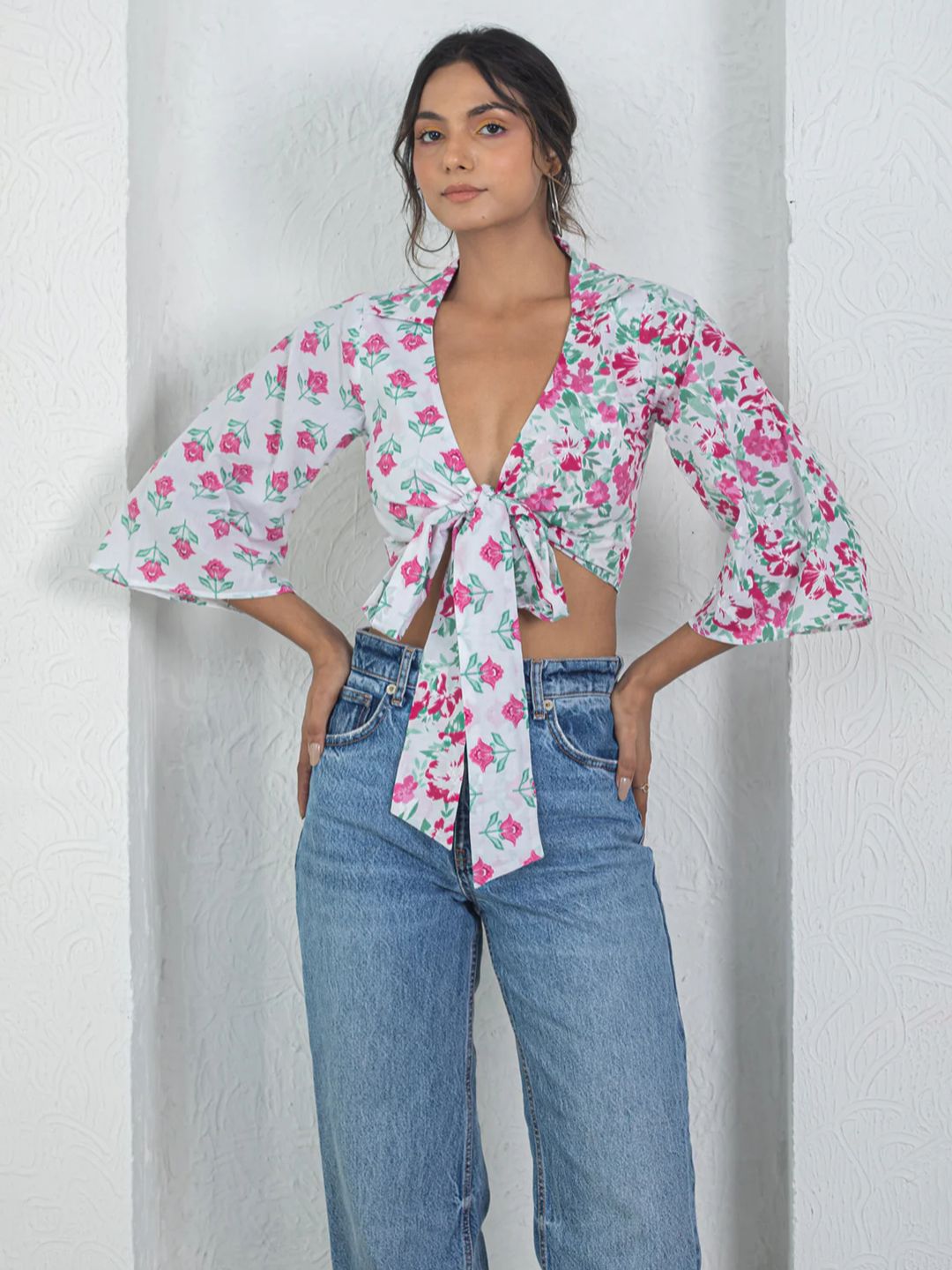 Anasi Clothing Anasi Clothing Floral Printed Bell Sleeve Cotton Wrap Crop Top