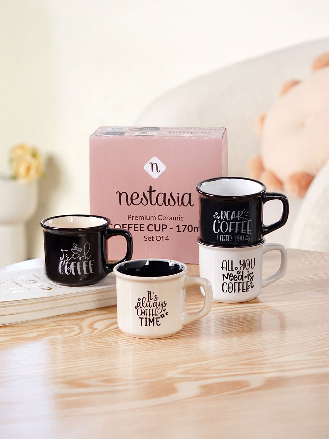 Nestasia White & Black 4 Pieces Printed Ceramic Glossy Cups 170ml