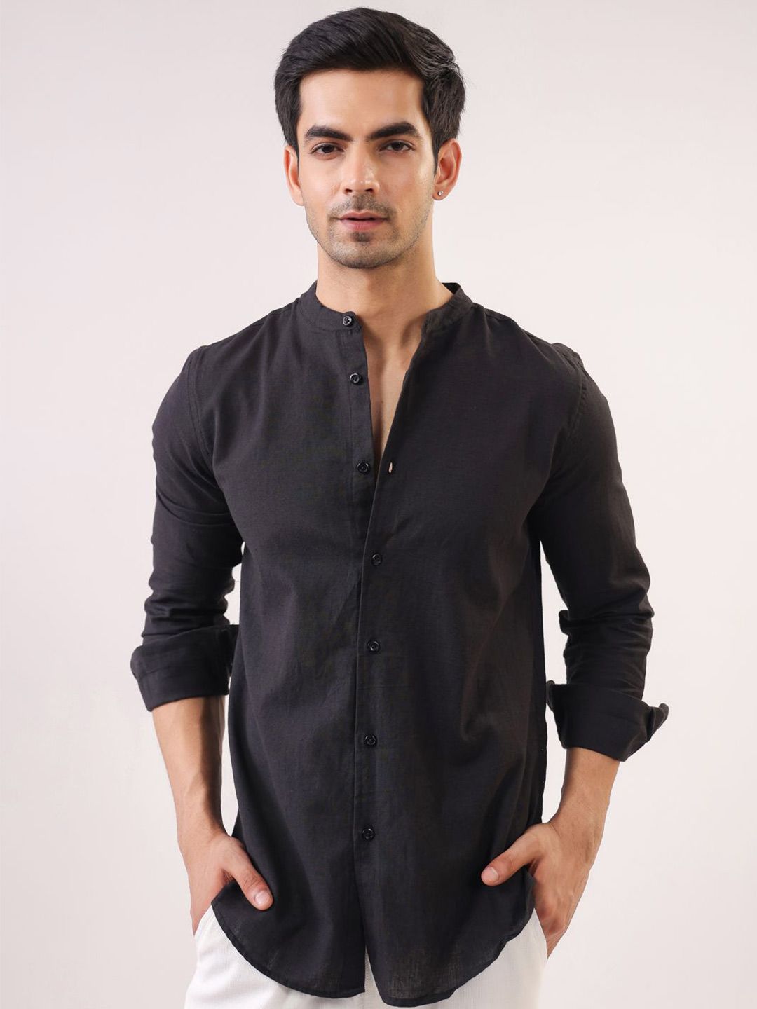 TRULOOM Men Relaxed Fit Solid Mandarin Collar Cotton Casual Shirt