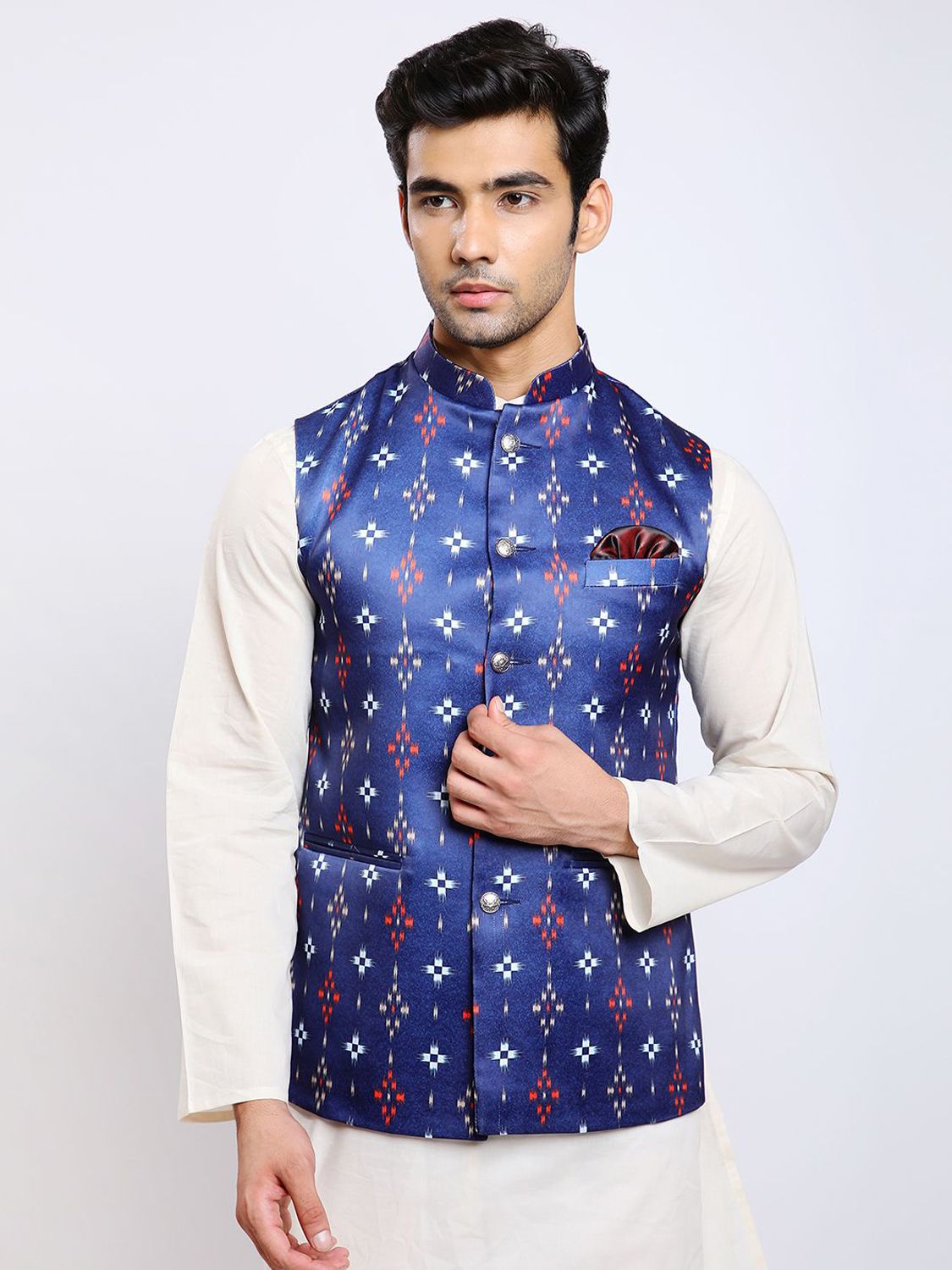 Awadhshree Printed Satin Mandarin Collar Nehru Jacket