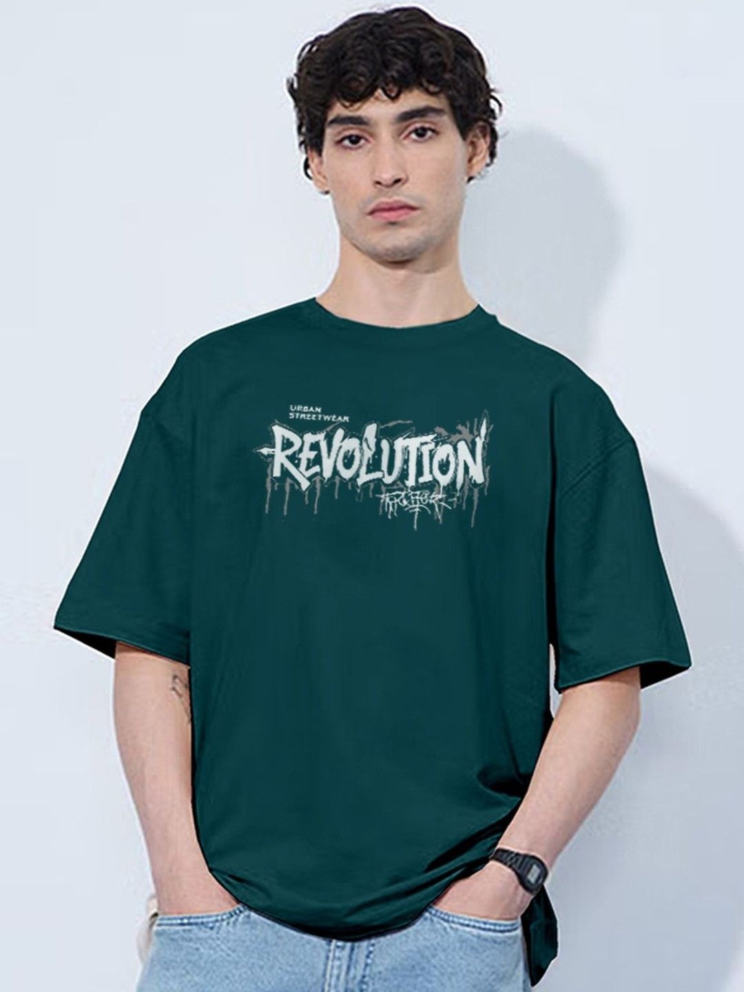TOGS & TERRE Men Typography Printed Round Neck Cotton Oversized T-shirt