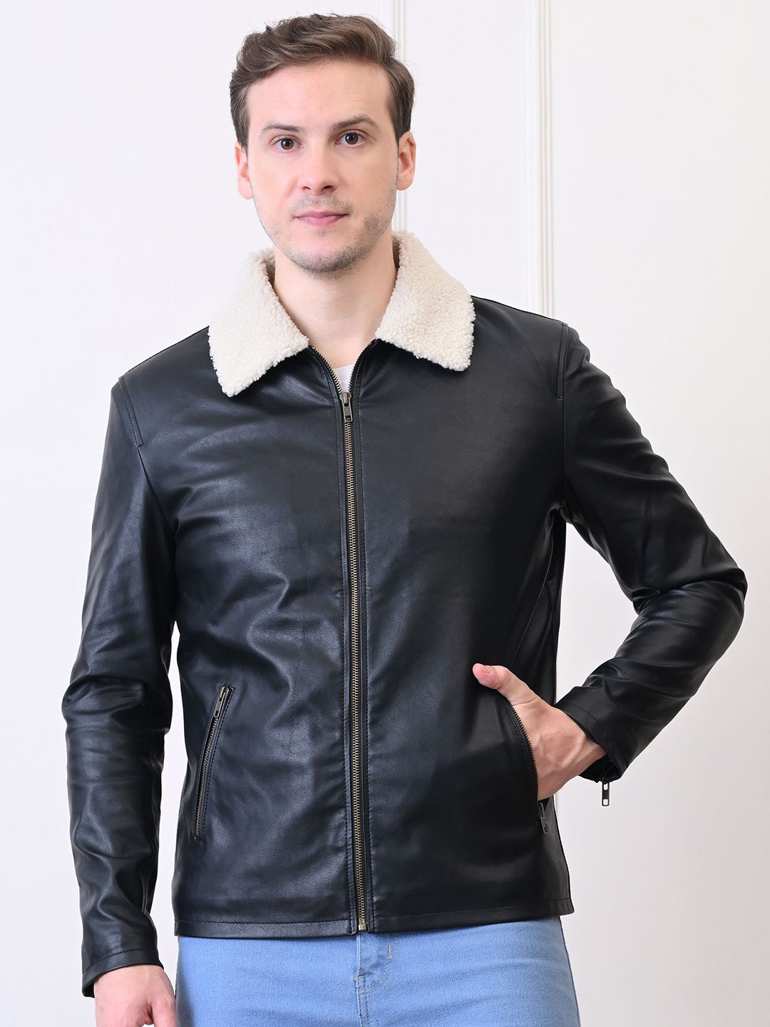 TBOJ Leather Water Spread Collar Resistant Outdoor Leather Jacket