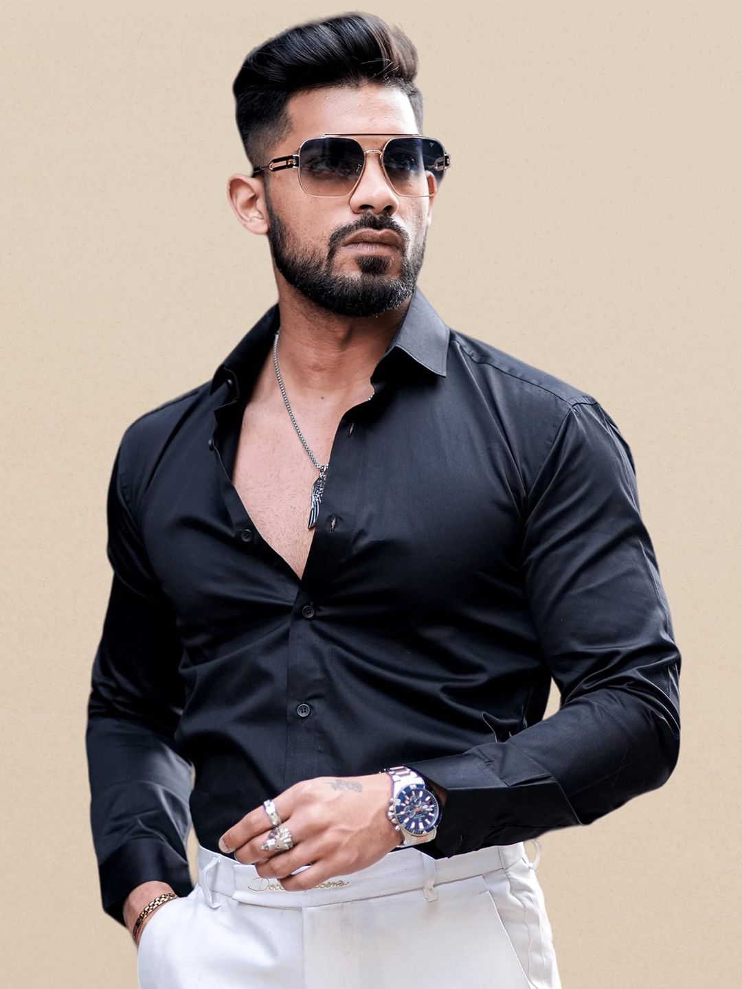 INDOPRIMO Spread Collar Long Sleeves Satin Casual Shirt