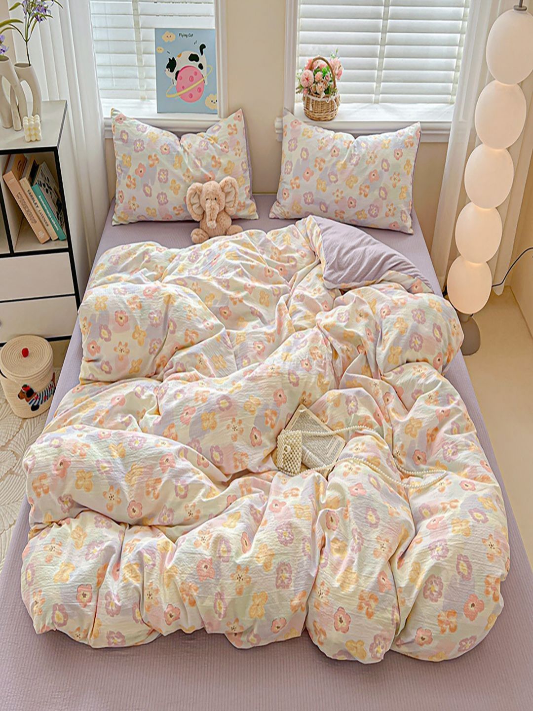 JC HOME Purple & White 4 Pieces Floral Printed Double Queen Bedding Set