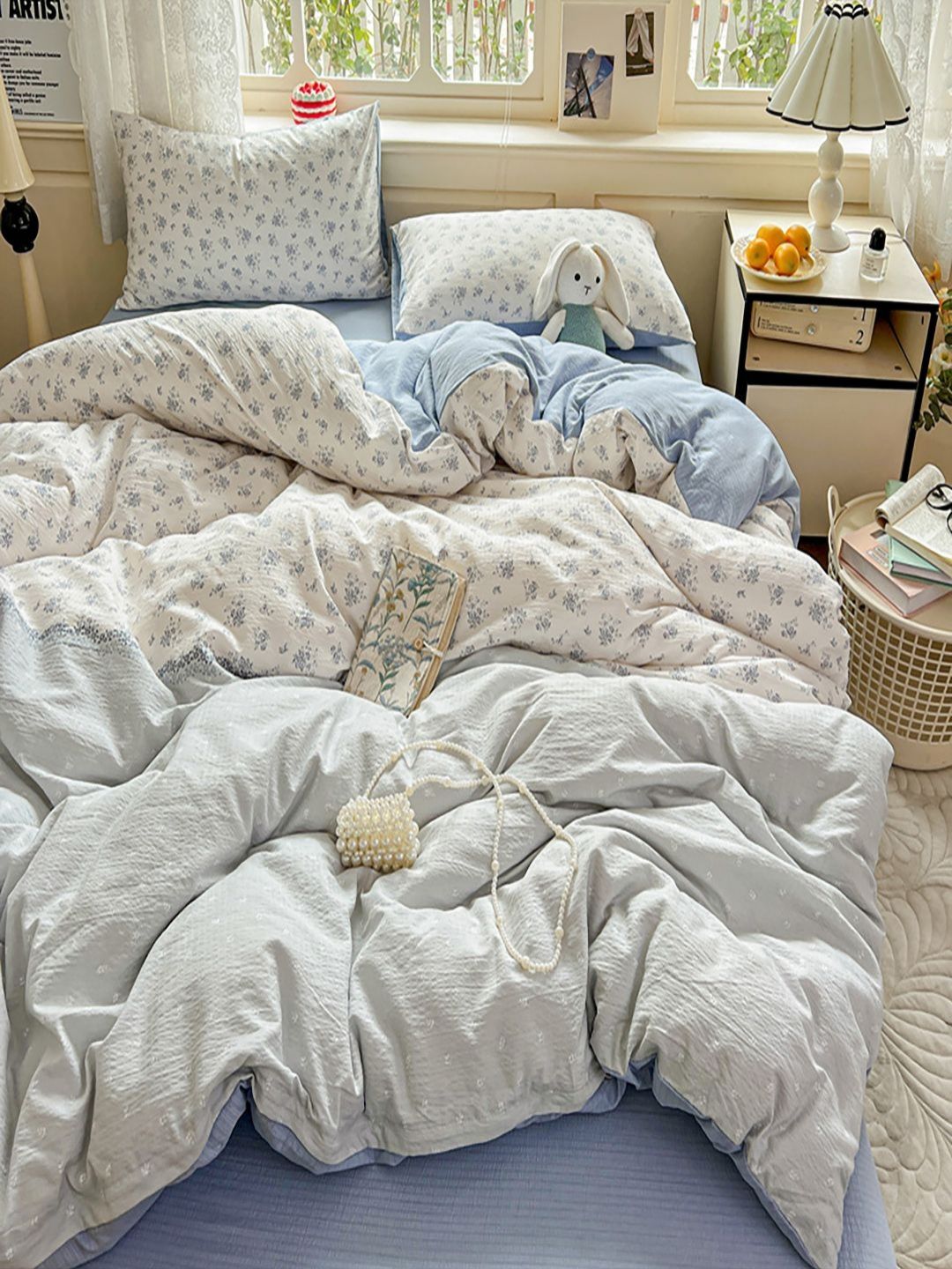 JC HOME Blue & White Printed Double Queen Bedding Set