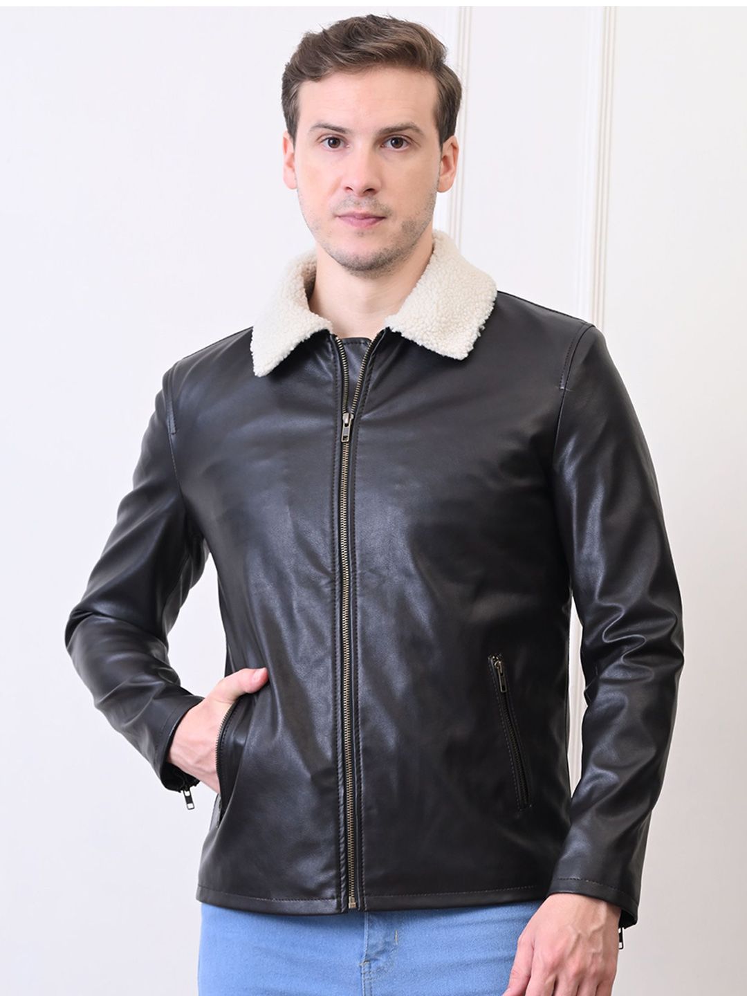 TBOJ Men Spread Collar Solid Water Resistant Leather Jacket