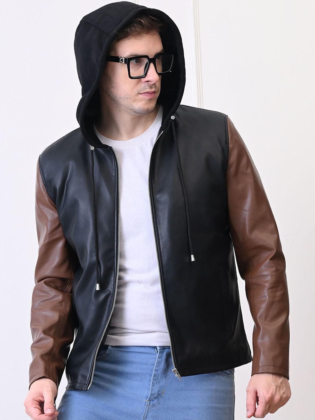 TBOJ Leather Water Hooded Resistant Outdoor Leather Jacket