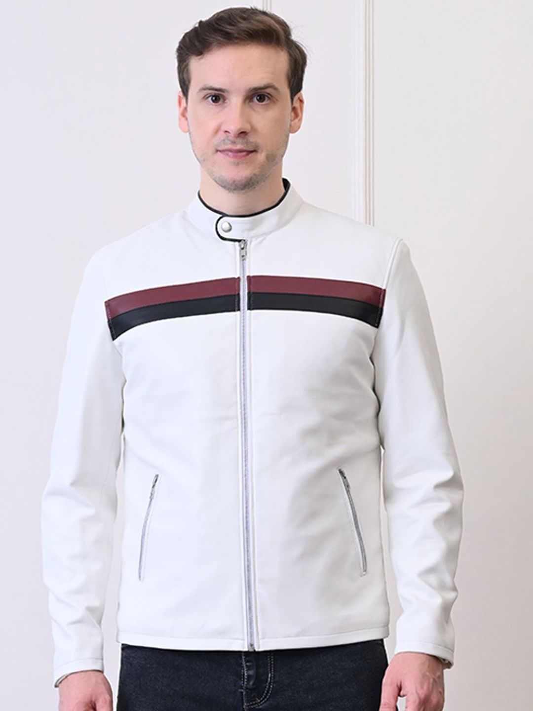 TBOJ Men Stand Collar Striped Water Resistant Leather Jacket