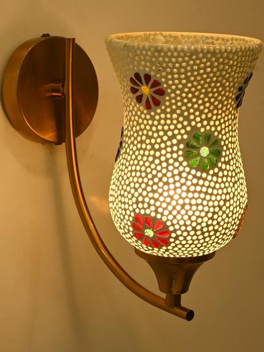 1ST TIME White & Gold-Toned Printed Glass Frustum Shaped Wall Lamp