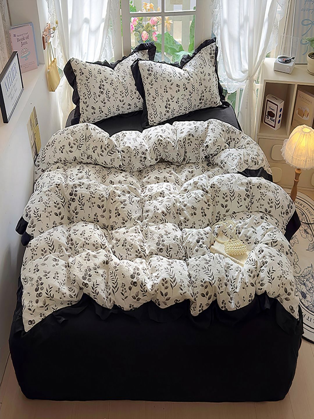 JC HOME Black & White Solid Polycotton 4 Piece Double Queen Regular Bedding Set