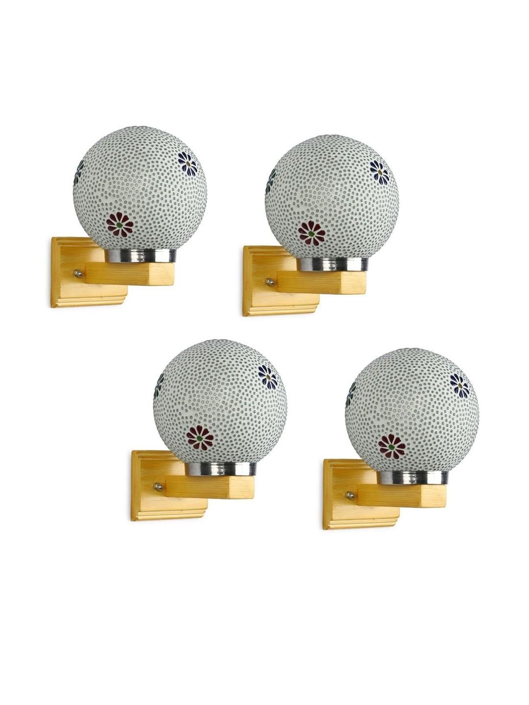 1ST TIME White & Brown 4 Pcs Printed Glass Spherical Shaped Wall Lamps