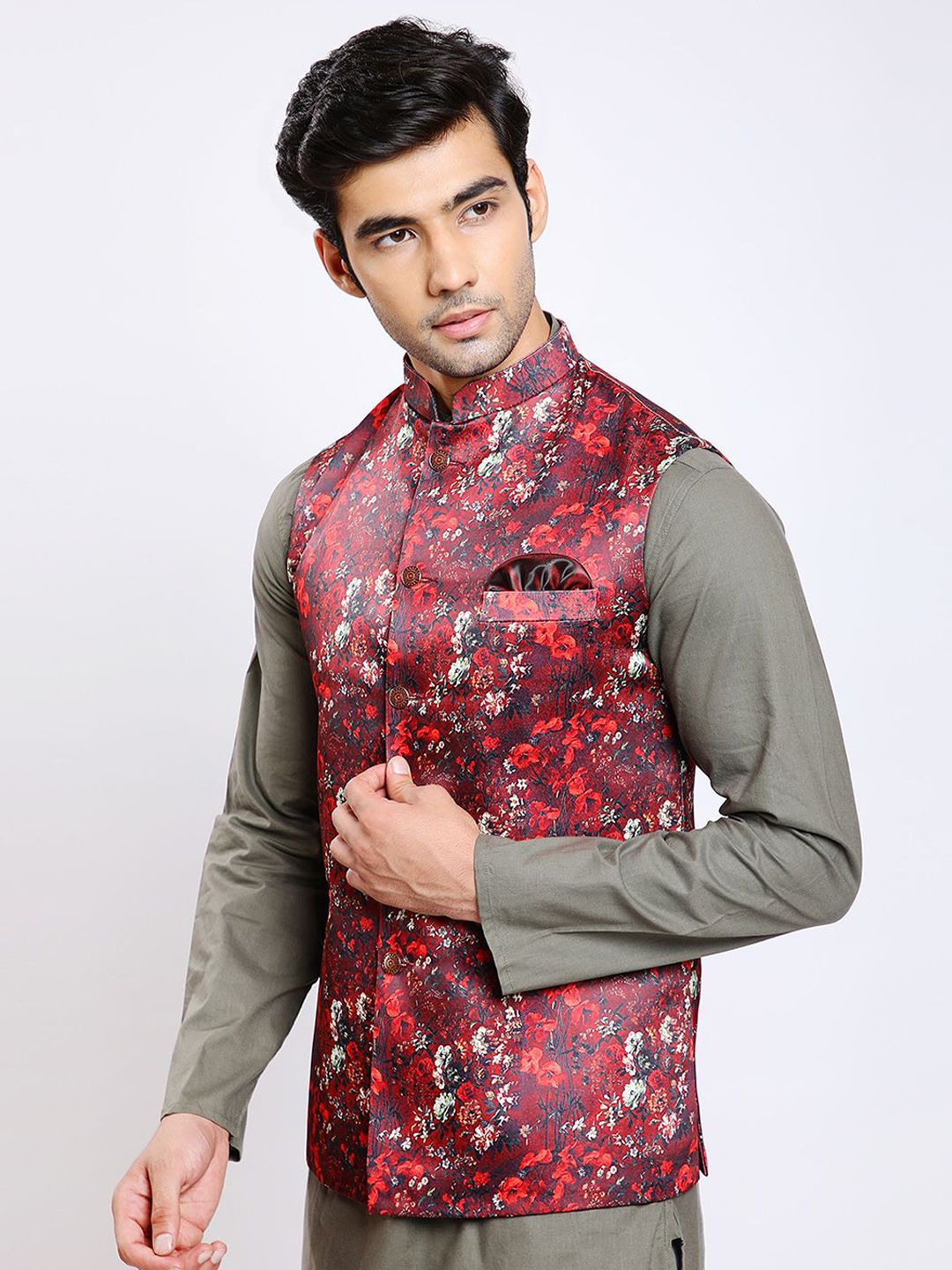 Awadhshree Printed Satin Mandarin Collar Nehru Jacket