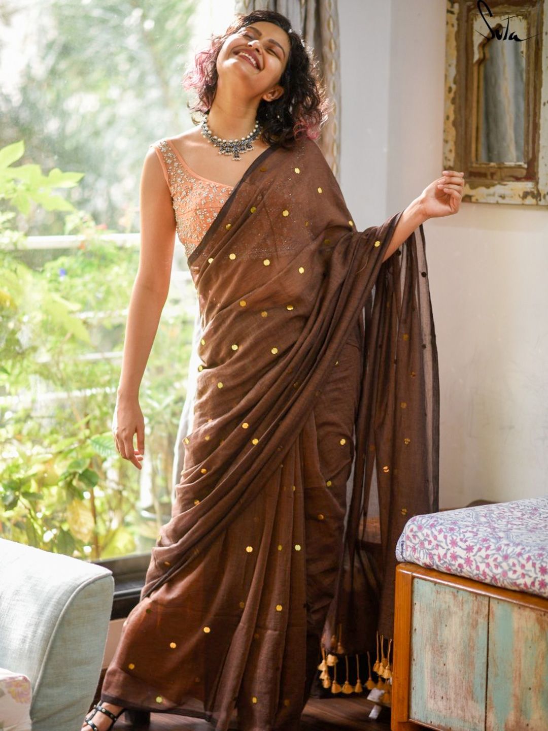 Sequinned Pure Cotton Saree Suta Brown Embellished Sequinned Pure Cotton Saree