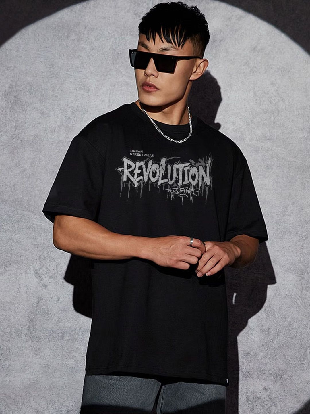 TOGS & TERRE Men Typography Printed Round Neck Cotton Oversized T-shirt