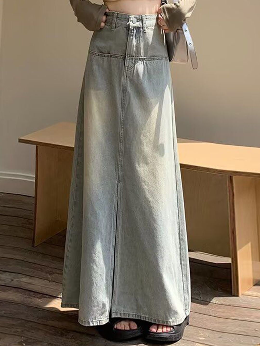 dianteFRONT SLIT DAMAGE LONG SKIRT GRY DIANTE FRONT SLIT DAMAGE