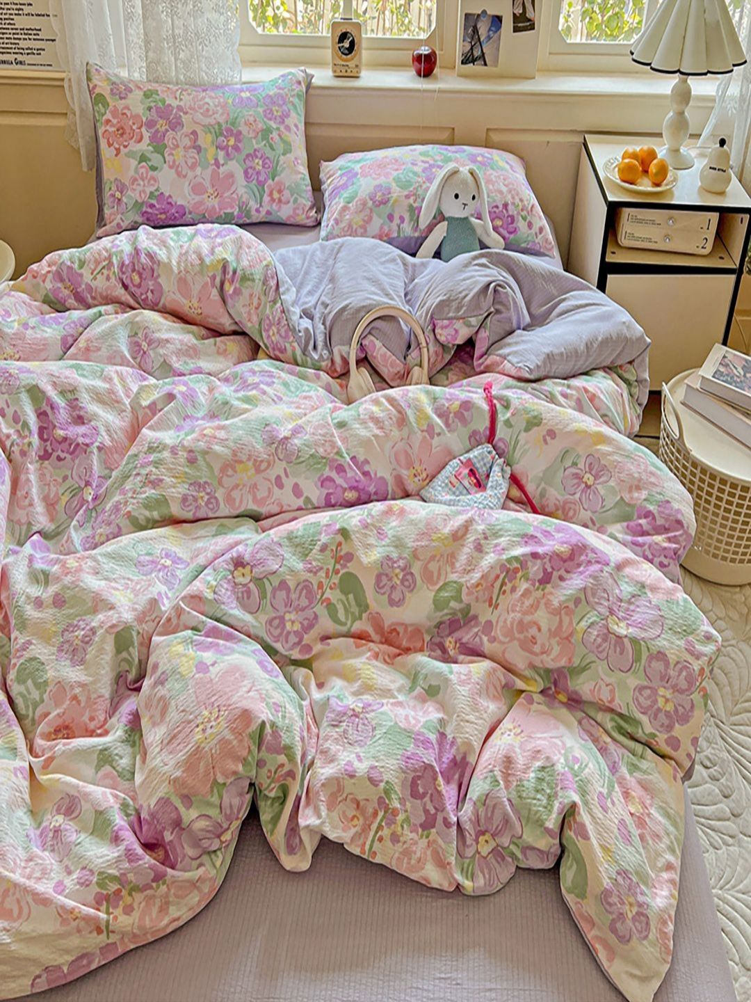JC HOME Purple & Green Solid Polycotton 4 Piece Double Queen Regular Bedding Set