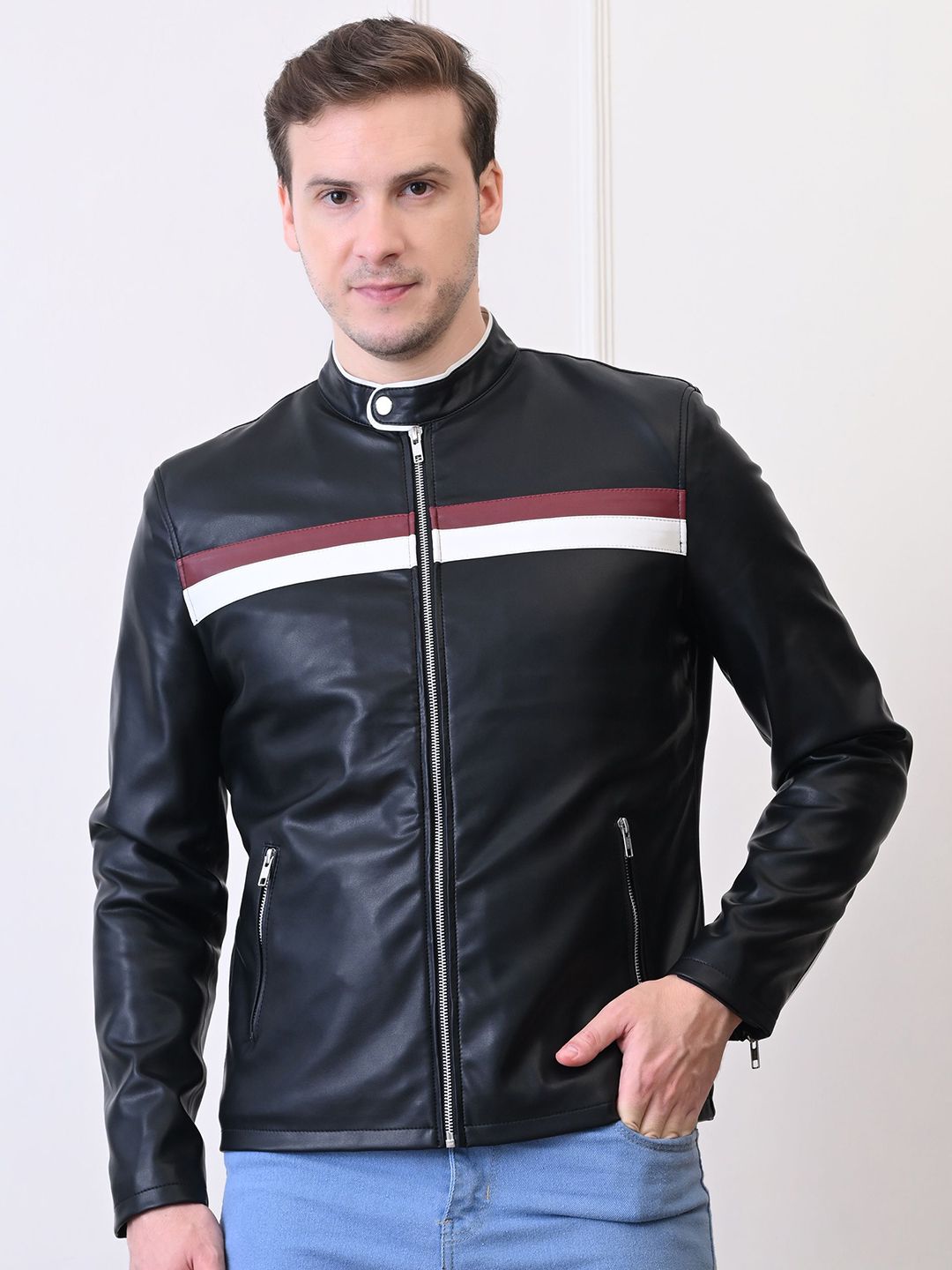 TBOJ Leather Water Mandarin Collar Resistant Outdoor Leather Jacket