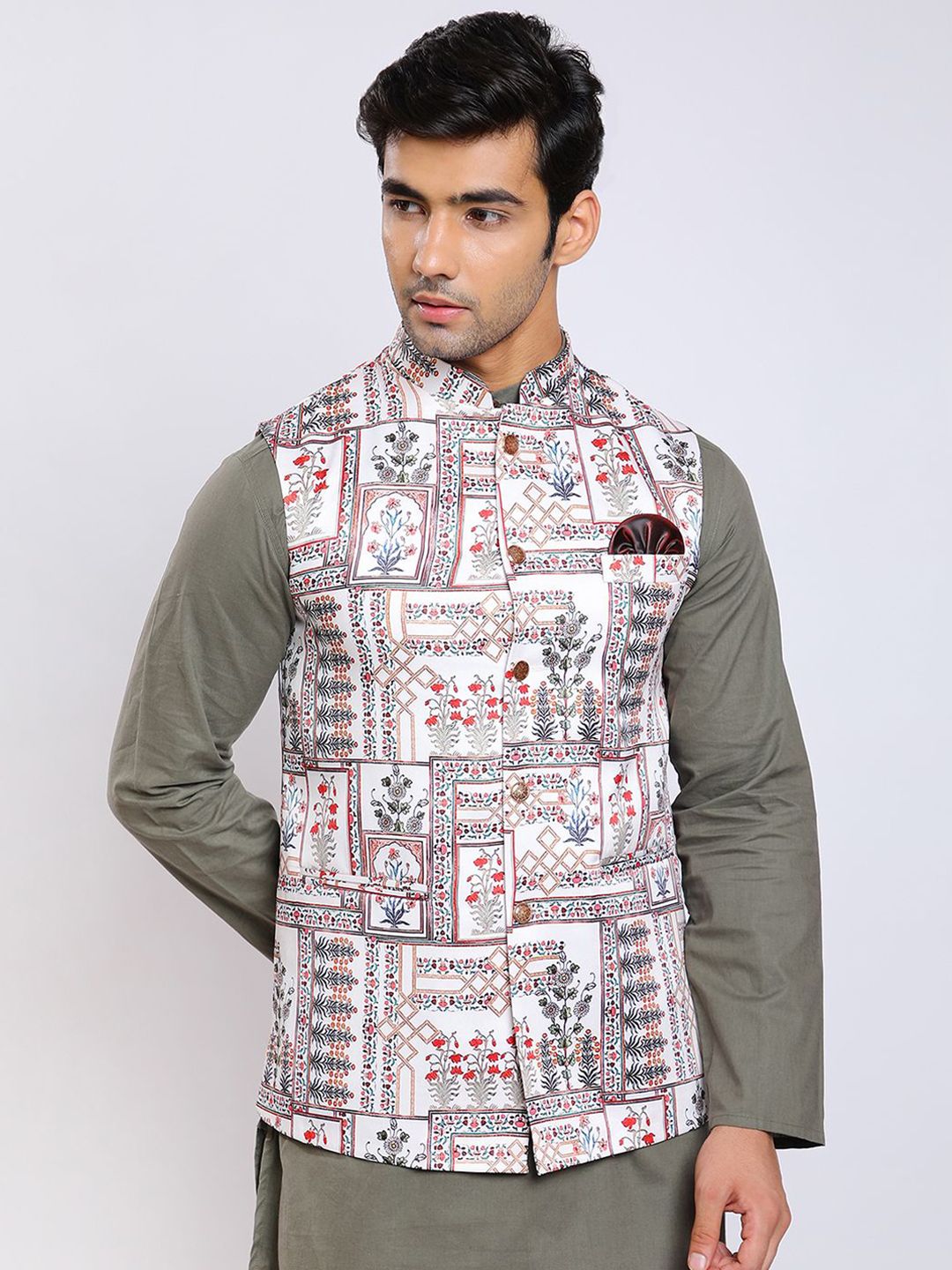 Awadhshree Printed Satin Mandarin Collar Nehru Jacket